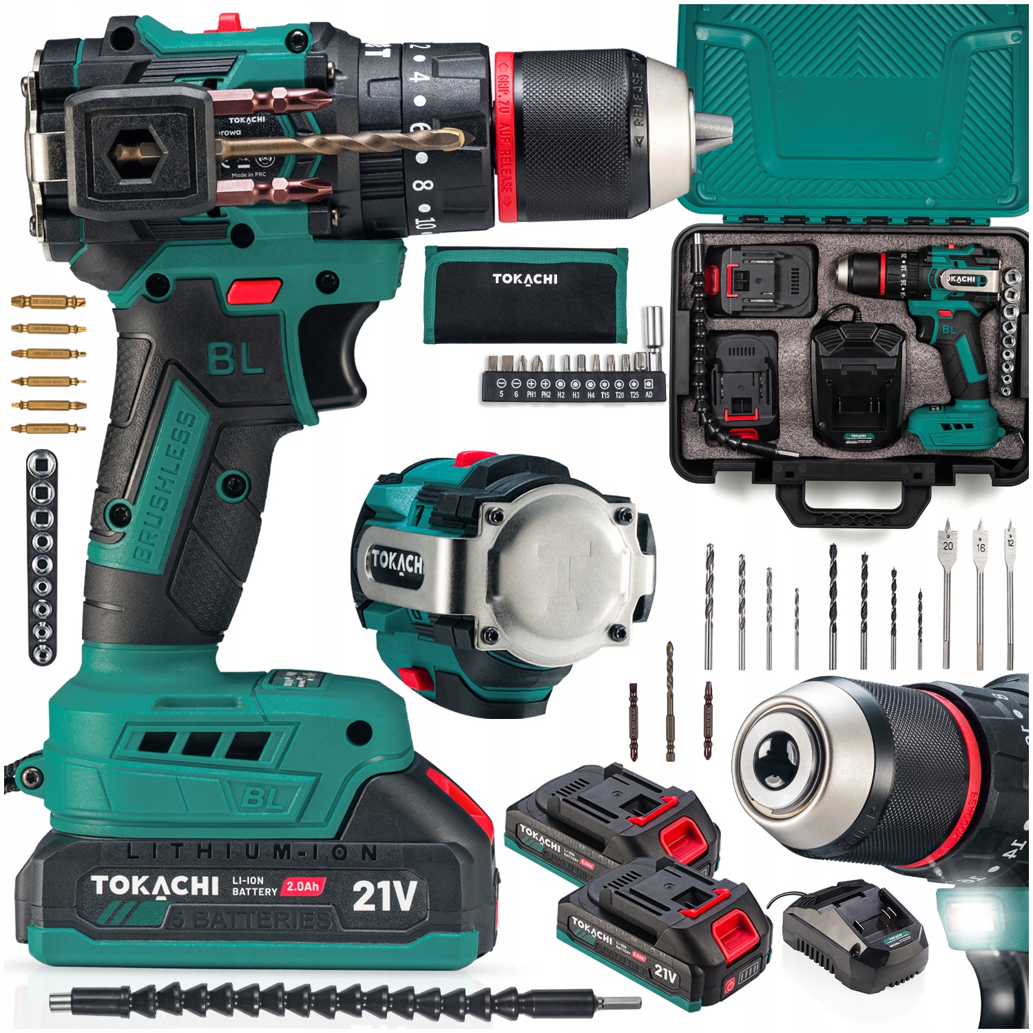 Mocna Wiertarko Wkrętarka Akumulatorowa Udarowa Bezszczotkowa Pro 2xAKU 21V