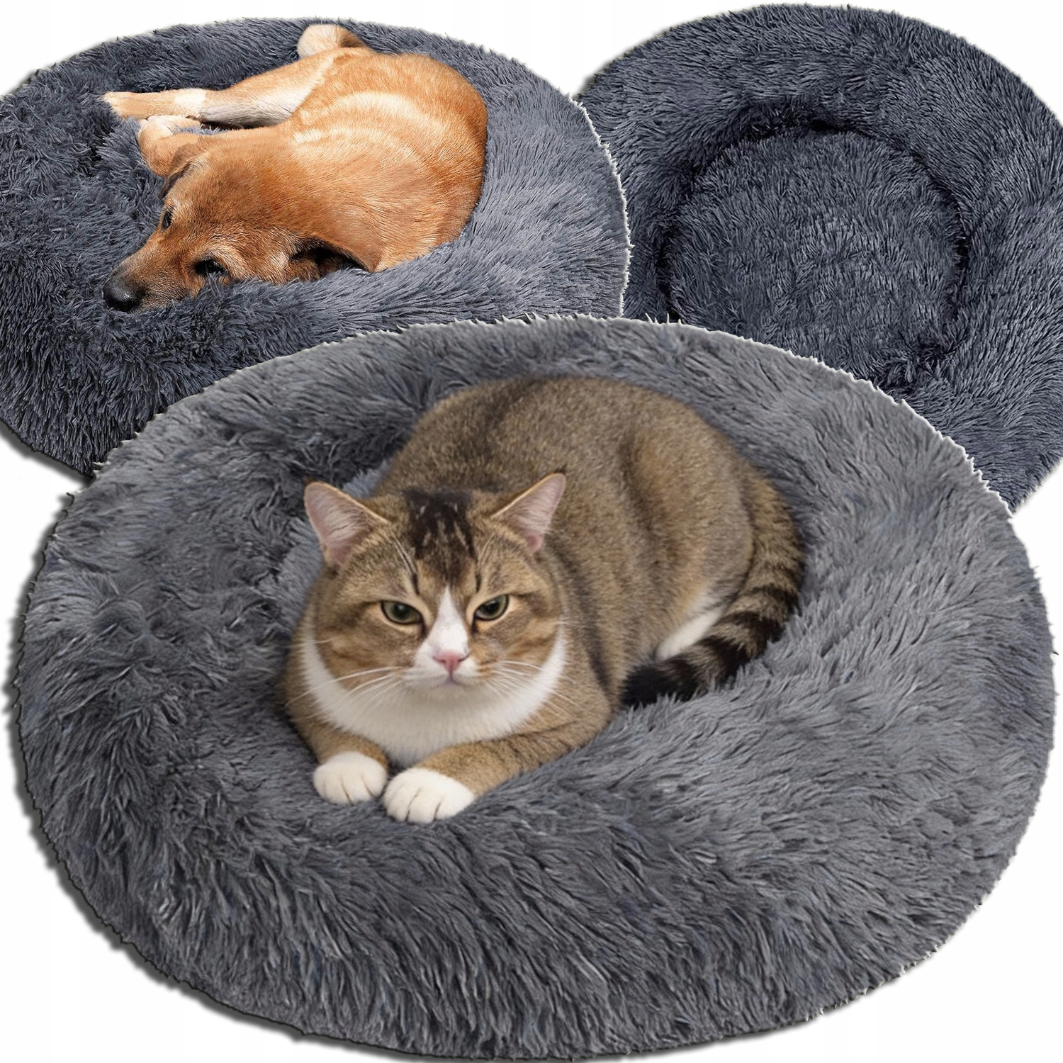 Levně Pelíšek Pro Psa Kočku Chlupaté Silné Kulaté Polštář Tmavě Šedý 60 CM