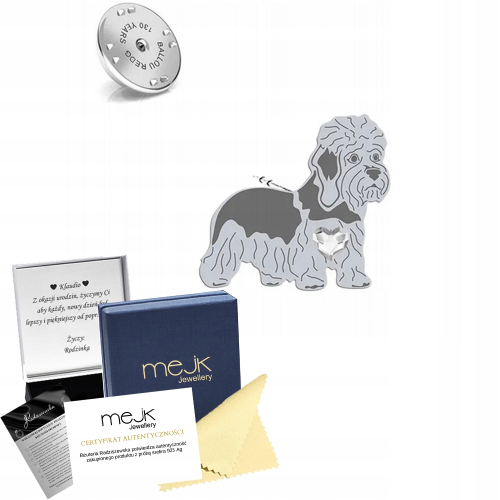 Odznak Stříbrná se psem Dandie Dinmont teriér 925 Dárek Dedikace Bonus