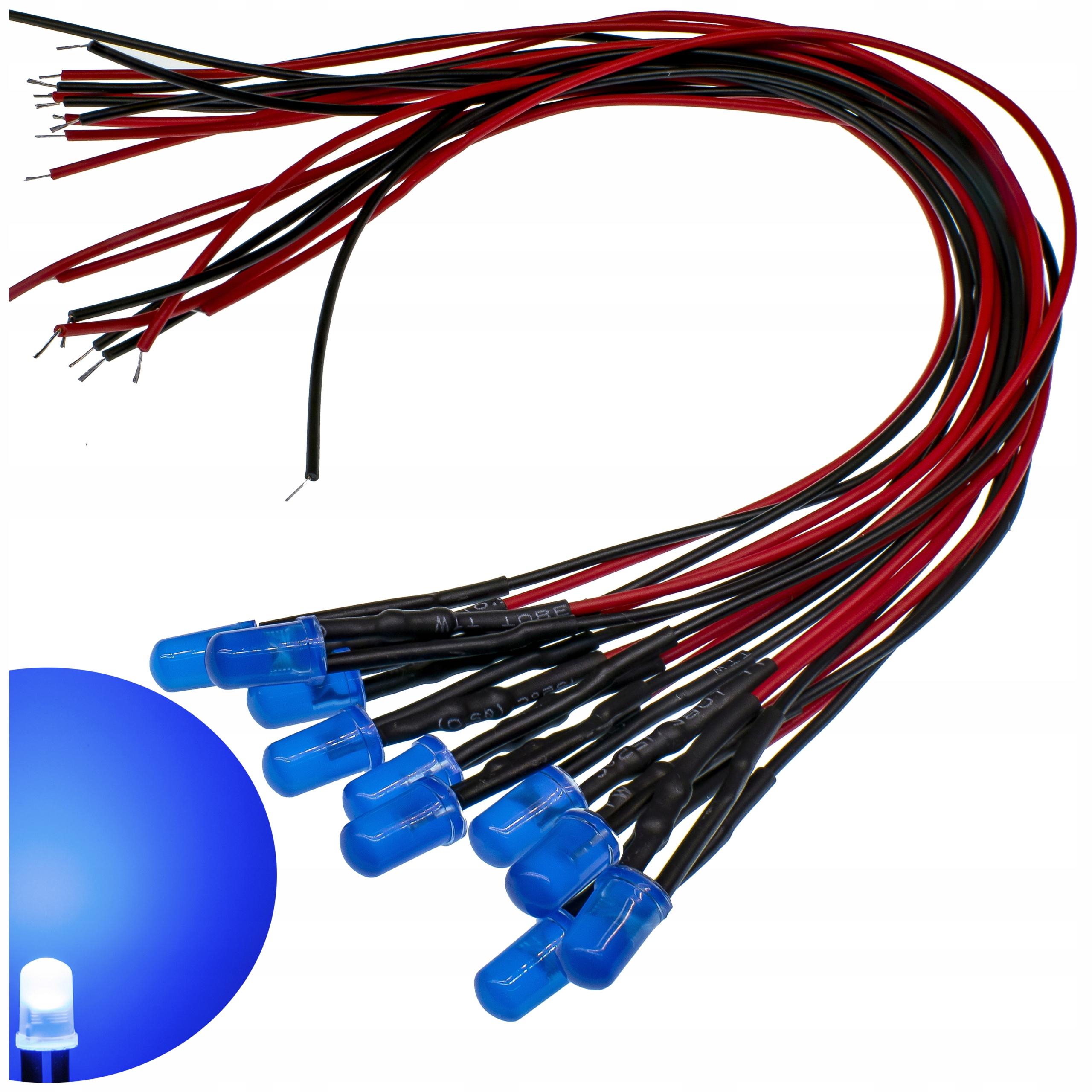 10× DIODY LED 12V 3mm NIEBIESKIE MAT - przewody długość 20cm | komplet 10 SZT