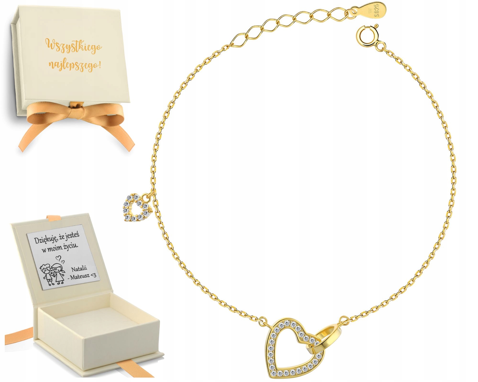 Pozlacený náramek pro ženy s celebritami a visícími srdíčky