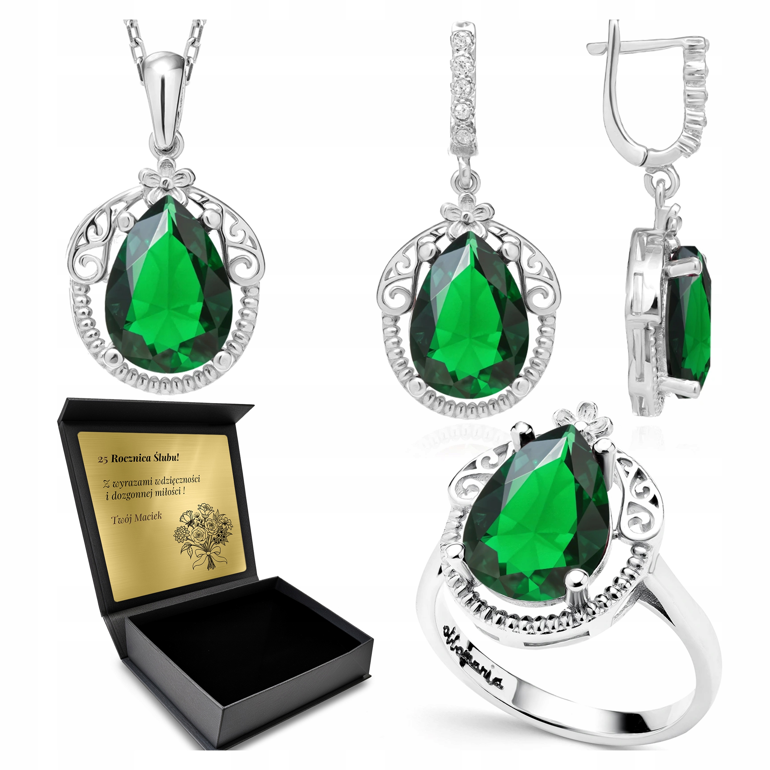Komplet Stříbrných Šperků 925 Smaragd Dárek pro ženu Gravírování Bonus