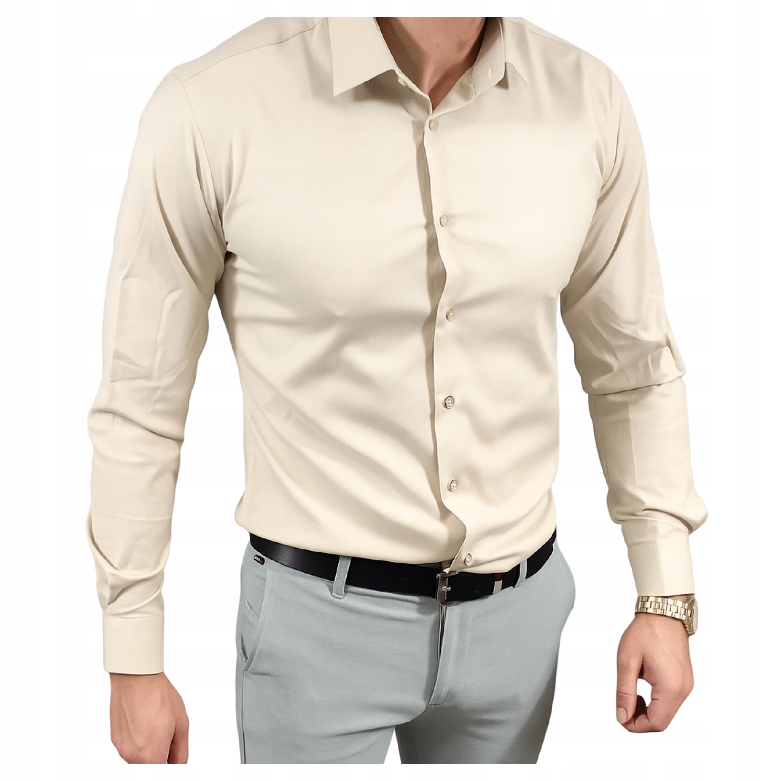 męska koszula Jasny Beż L 41/42 beżowa Slim Fit długi rękaw