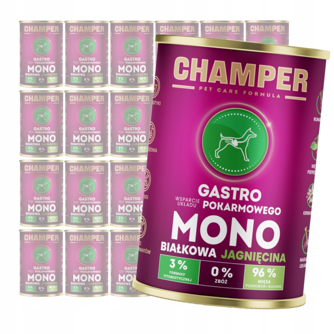 Levně Champer Gastro 24x400g Monoproteinové Vlhké Krmivo pro psy s jehněčím masem