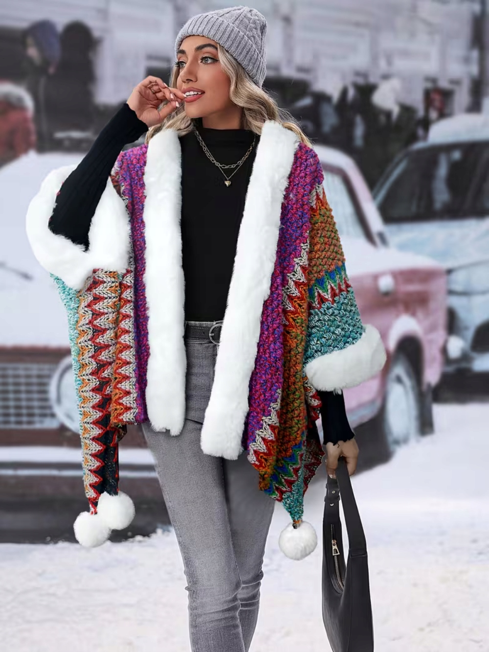 Poncho Pončo Kožešina medvídek pocahontas Přehoz tkaný Boho růžový pastel Glam