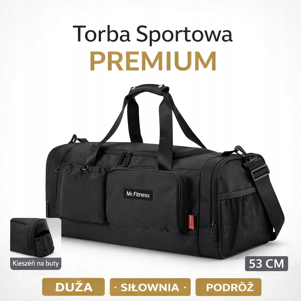 Duża Torba Treningowa Fitness Premium Siłownia Kieszeń Na Buty Czarna