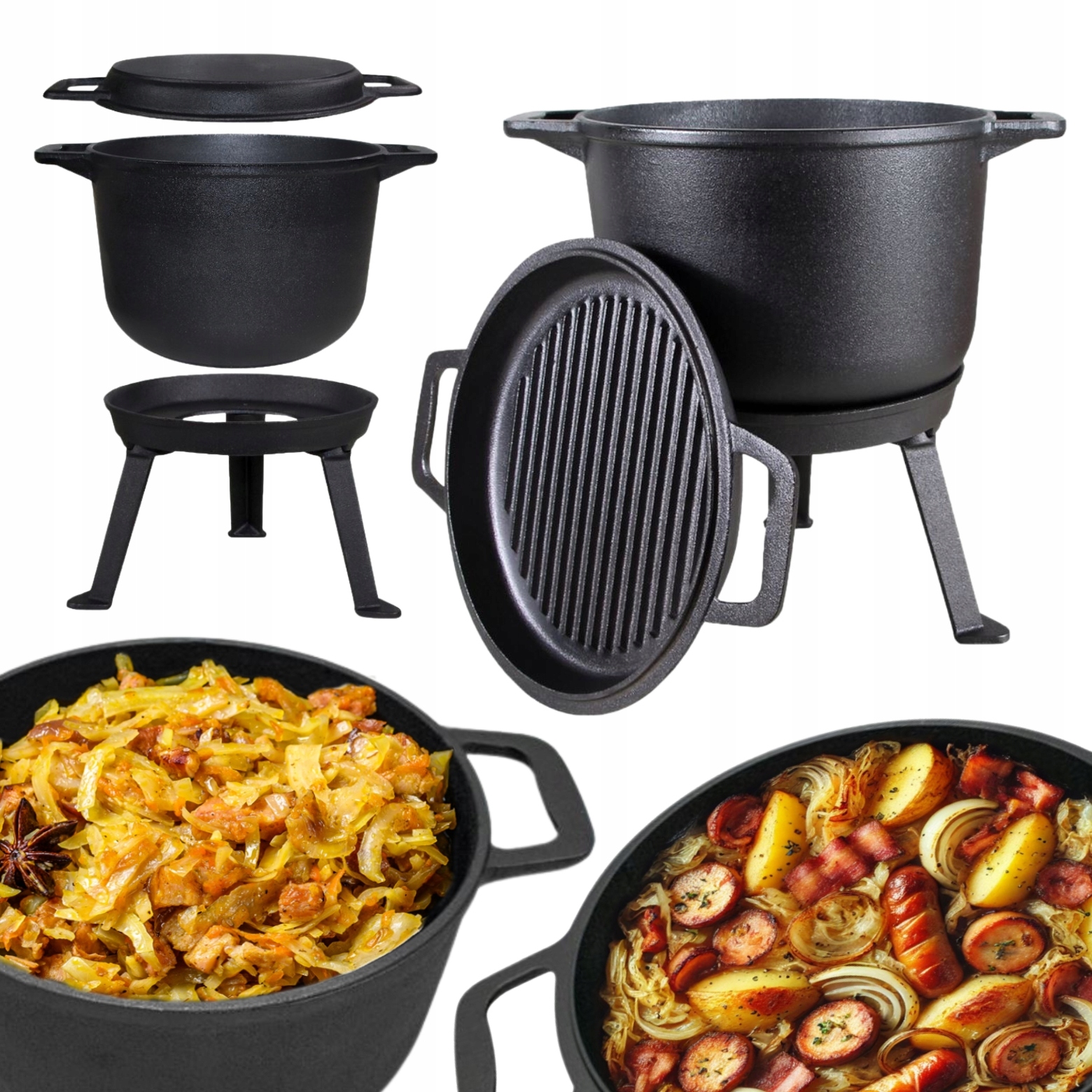 Kociołek Żeliwny 3W1 10L Yoko Garnek Patelnia Stojak Ognisko Grill