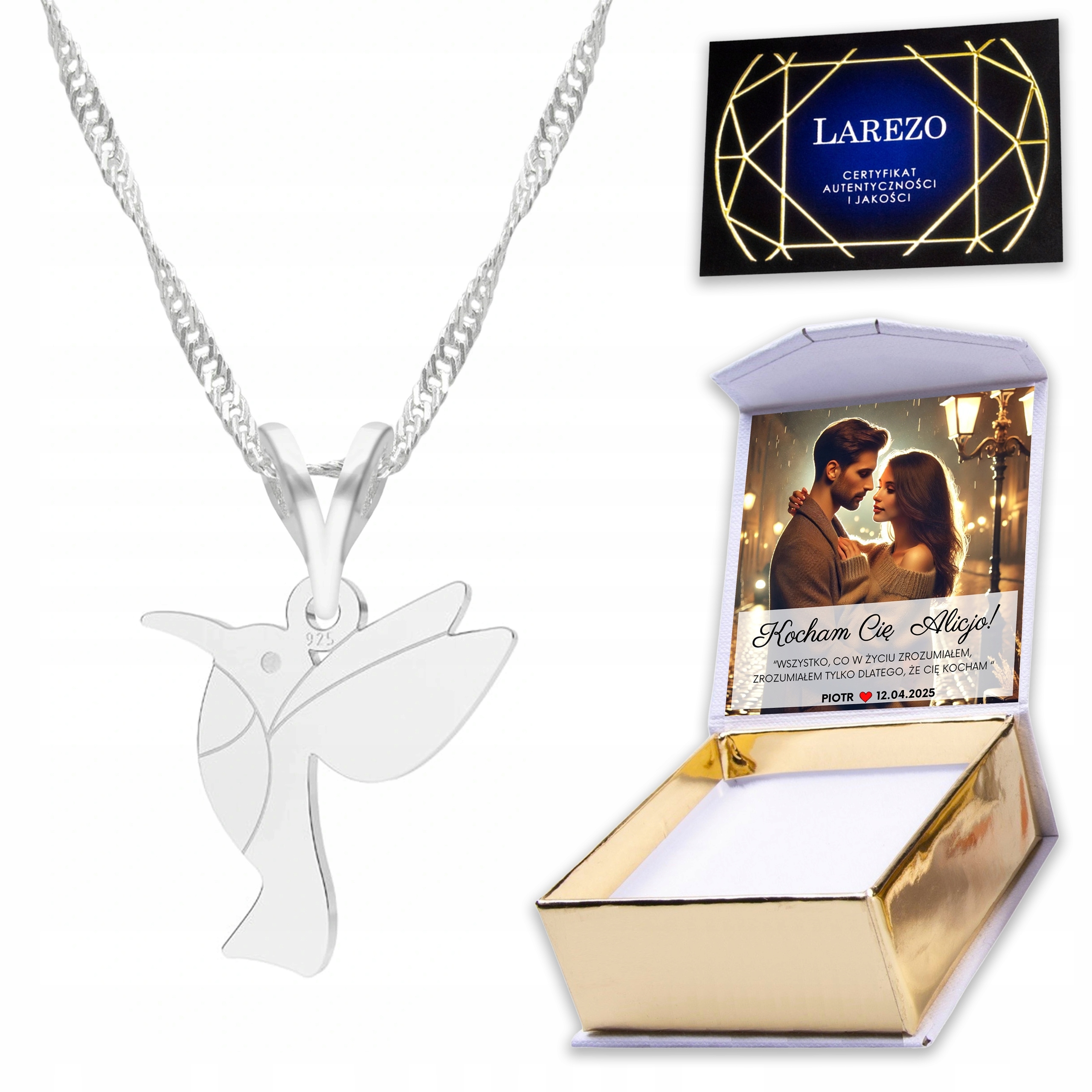 Stříbrný náhrdelník 925 Pták Kolibřík s Kolibříkem Bird Ptáček Vlaštovka Potisk