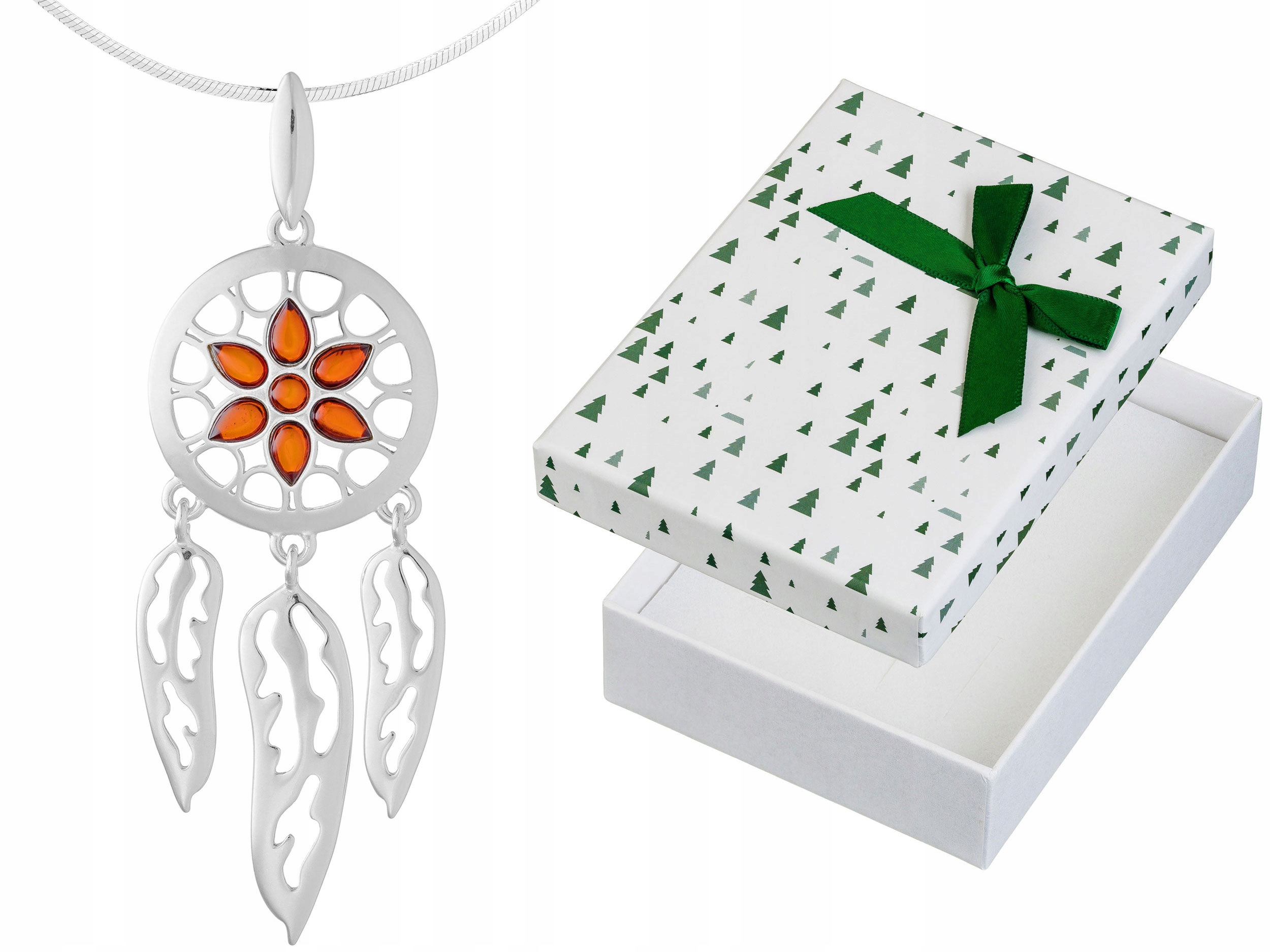 Velký stříbrný dámský náhrdelník Amulet s jantarem Lapač Snů, dlouhý 60 cm