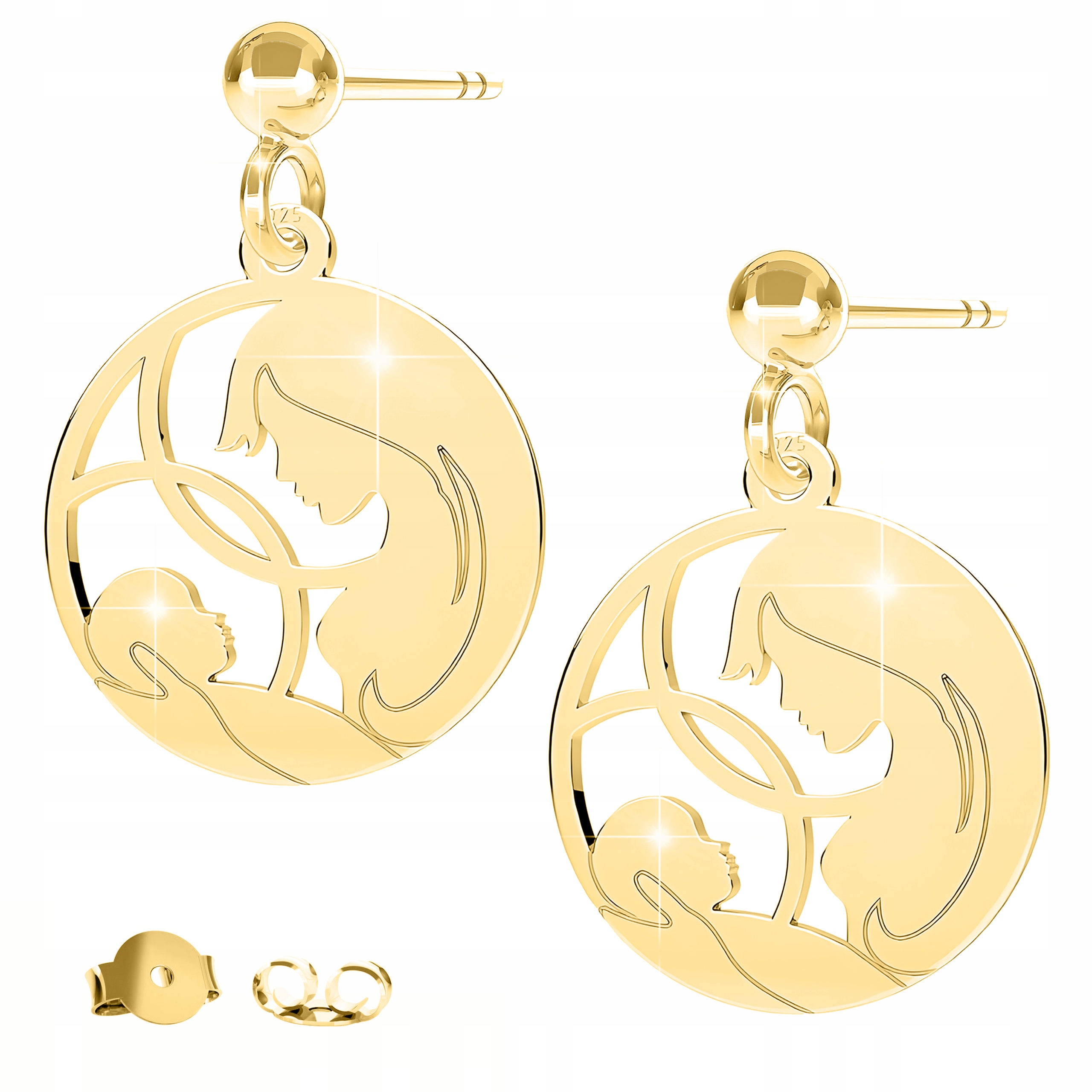 Náušnice Zlaté 925 Visací Mama Puzety Matka s Dítětem Kulaté Plíšky