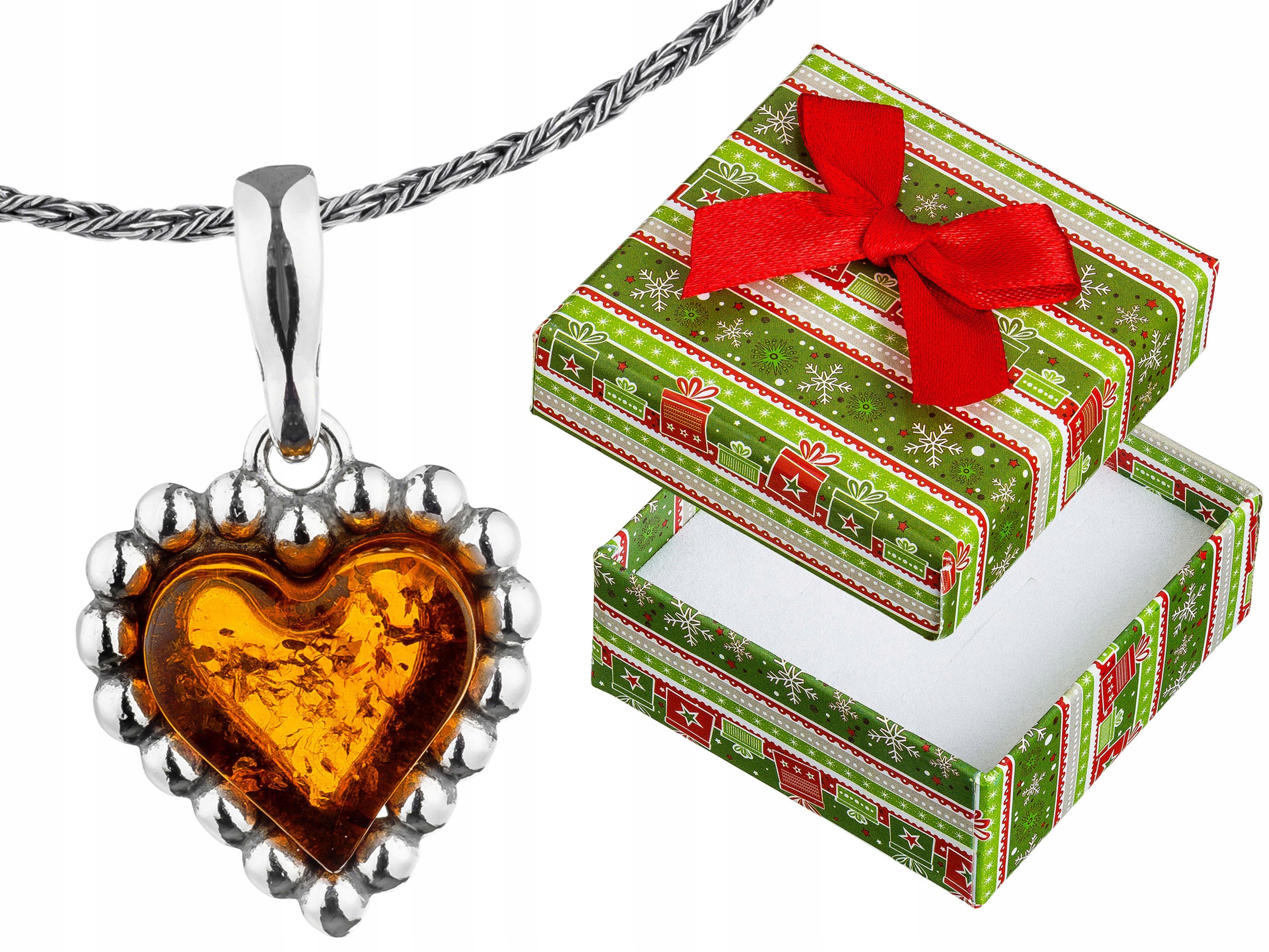 Dlouhý Stříbrný Oxidovaný Dámský Náhrdelník Srdce s Jantarem Stříbro 80 cm