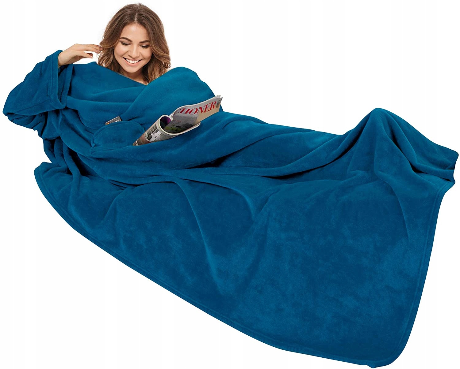 KOC Z RĘKAWAMI NIEBIESKI 150x240cm MIKROFIBRA