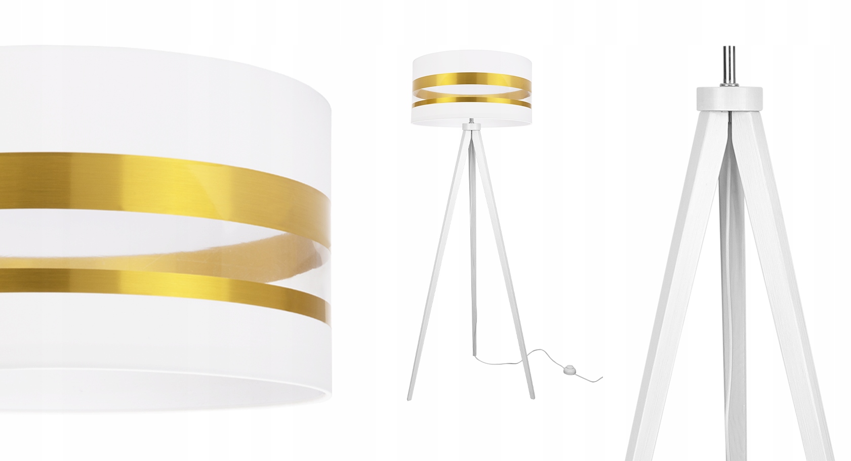 LAMPA STOJĄCA TRÓJNÓG NOWOCZESNA ZŁOTA ABAŻUR LED Styl loft