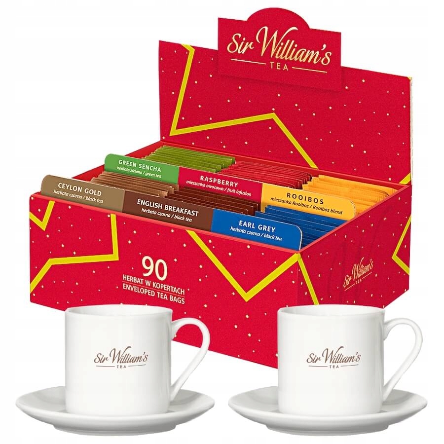 Sir William's Tea 90 herbat w pudełku i 2 kubki 220 ml ze spodkami