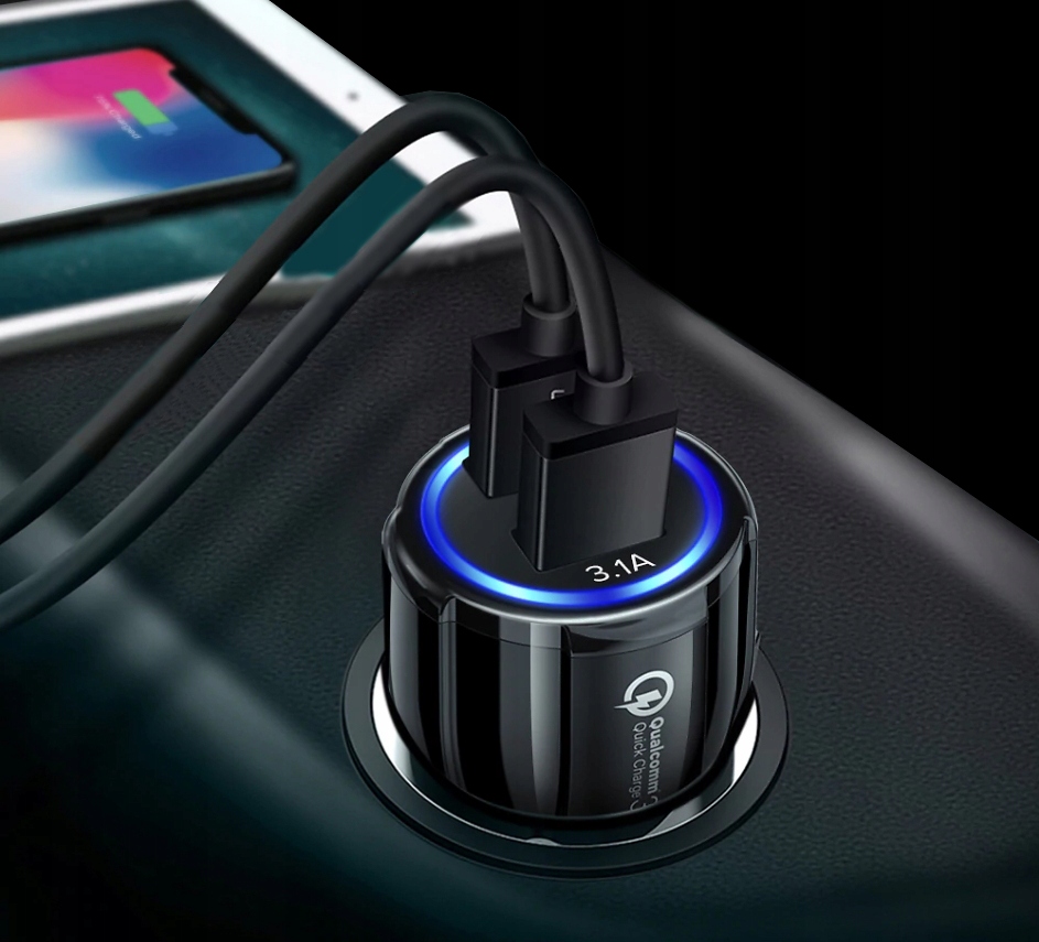 SZYBKA ŁADOWARKA SAMOCHODOWA QC 3.0 20W 3.1A QUICK CHARGE 3.0 Kolor czarny