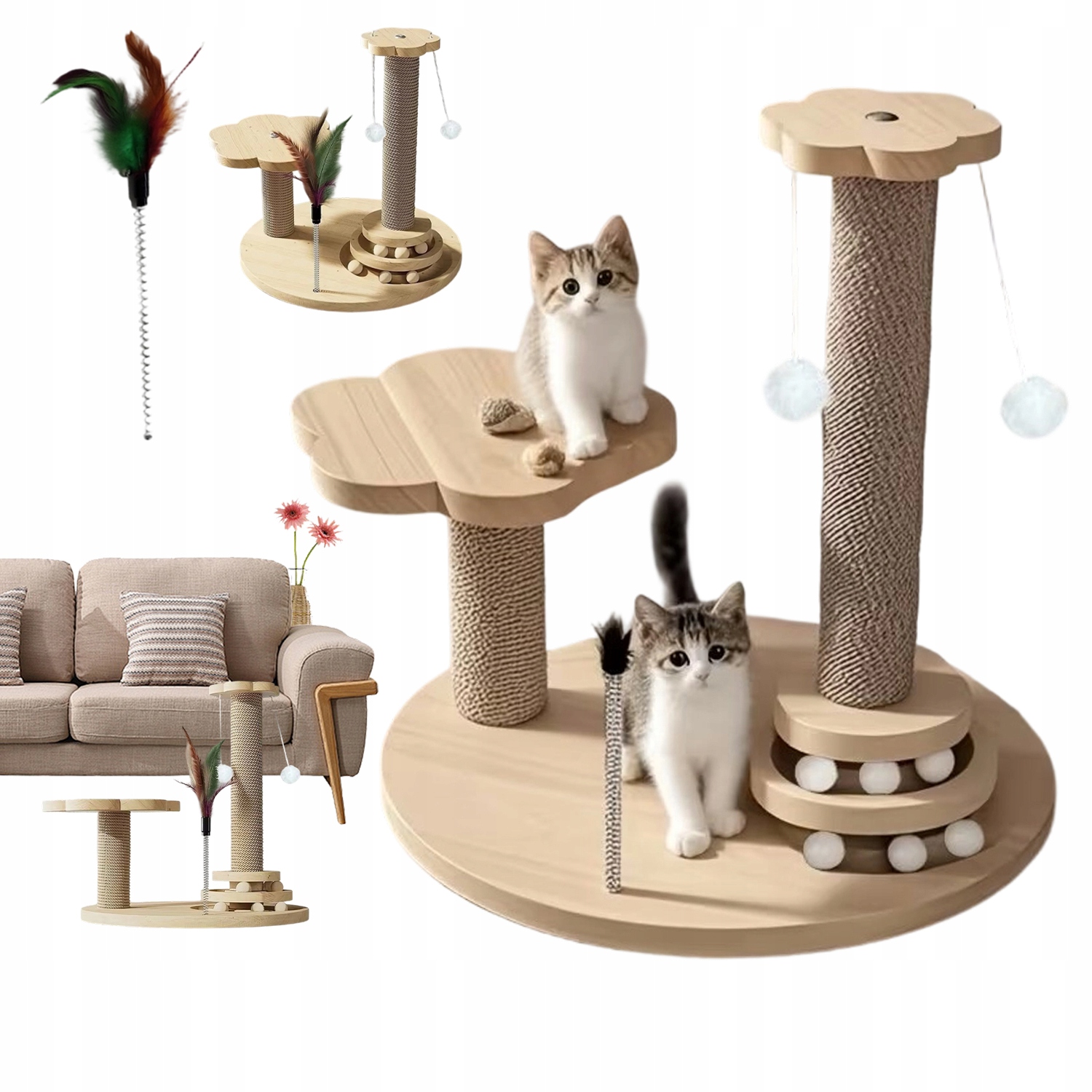 Levně Škrabadlo Pro Kočky 4V1 S Míčky, Peřím, Věží A Sisalovým Sloupkem