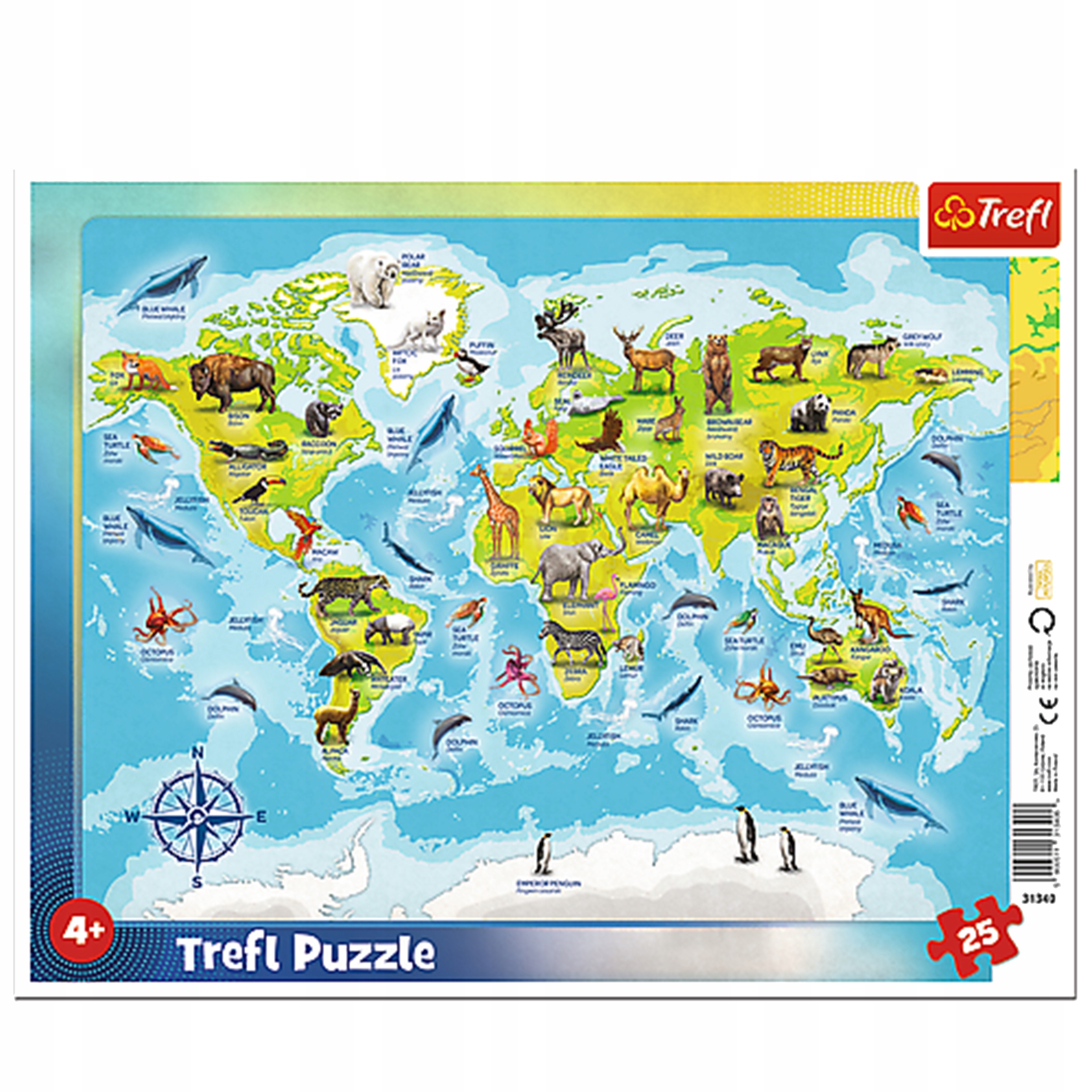

Puzzle 25 ramkowe Mapa świata ze zwierzętami 31340