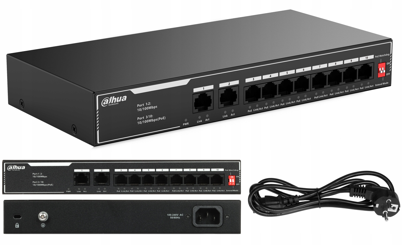 Switch PoE Dahua SF1010LP 8xPoE 2xUplink 65 W pro Ip kamery 10-portový