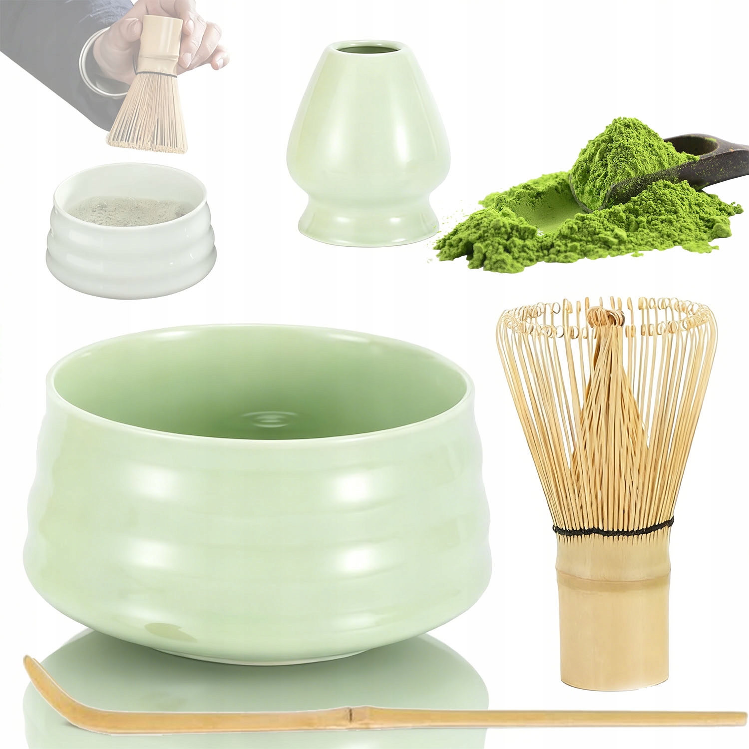 Levně Dárková Sada Pro Matcha Tradiční Bambusová Miska Keramická Metla