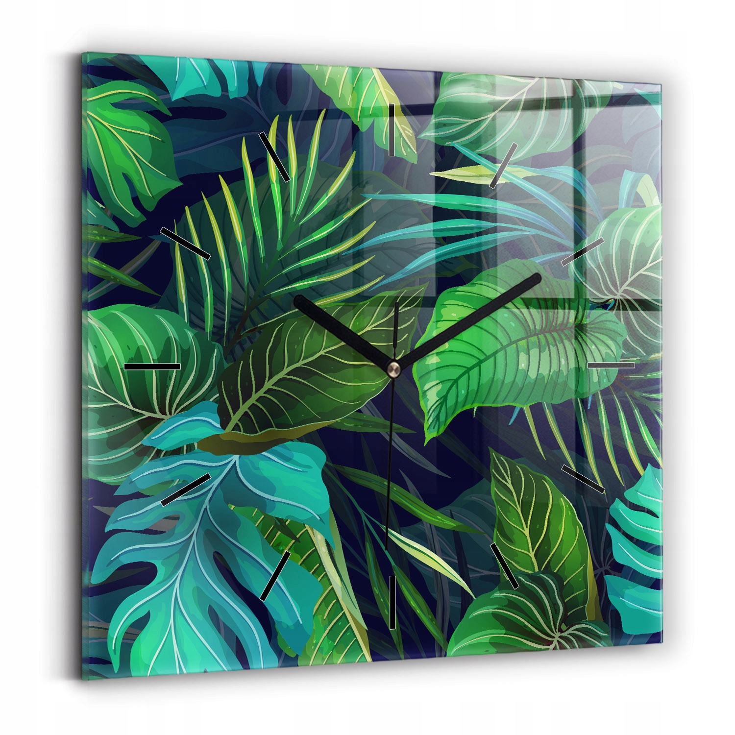 Čtvercové skleněné hodiny do kuchyně S Potiskem Exotické listy 30 x 30 cm
