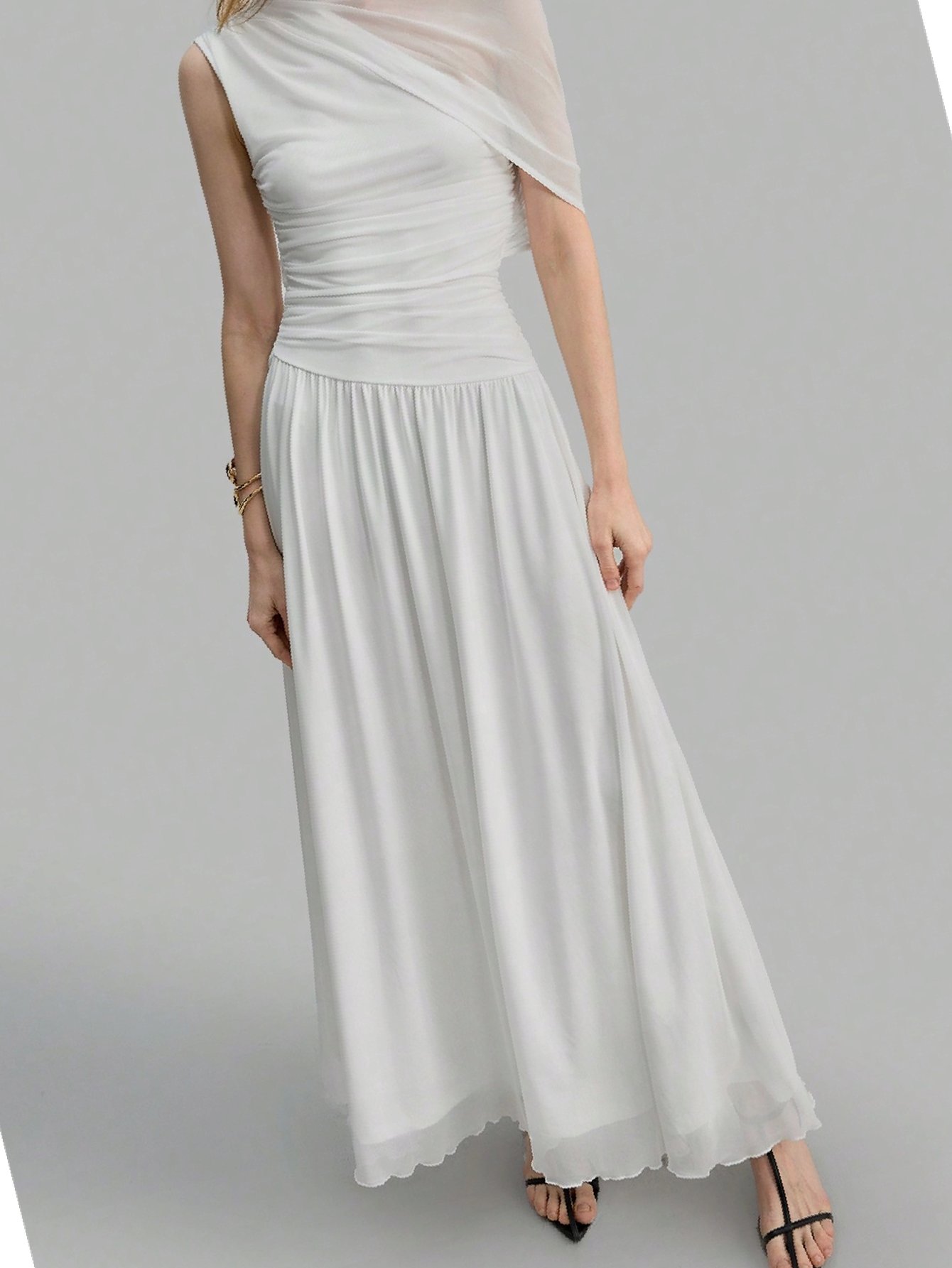 Šaty Vintage Síťovaná Rozevřená Bílá Maksi S 36