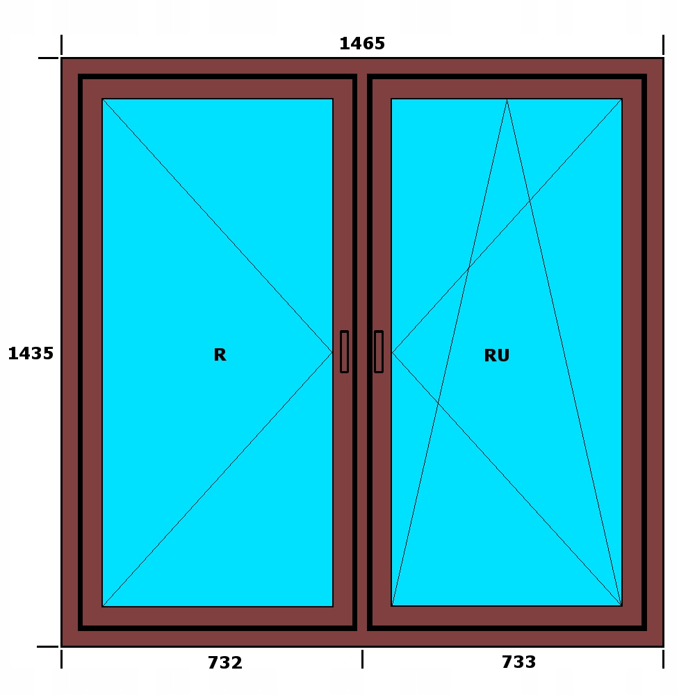 OKNA PCV 1465x1435 R+RU SYMETRYCZNE ZEWN. ZŁ. DĄB