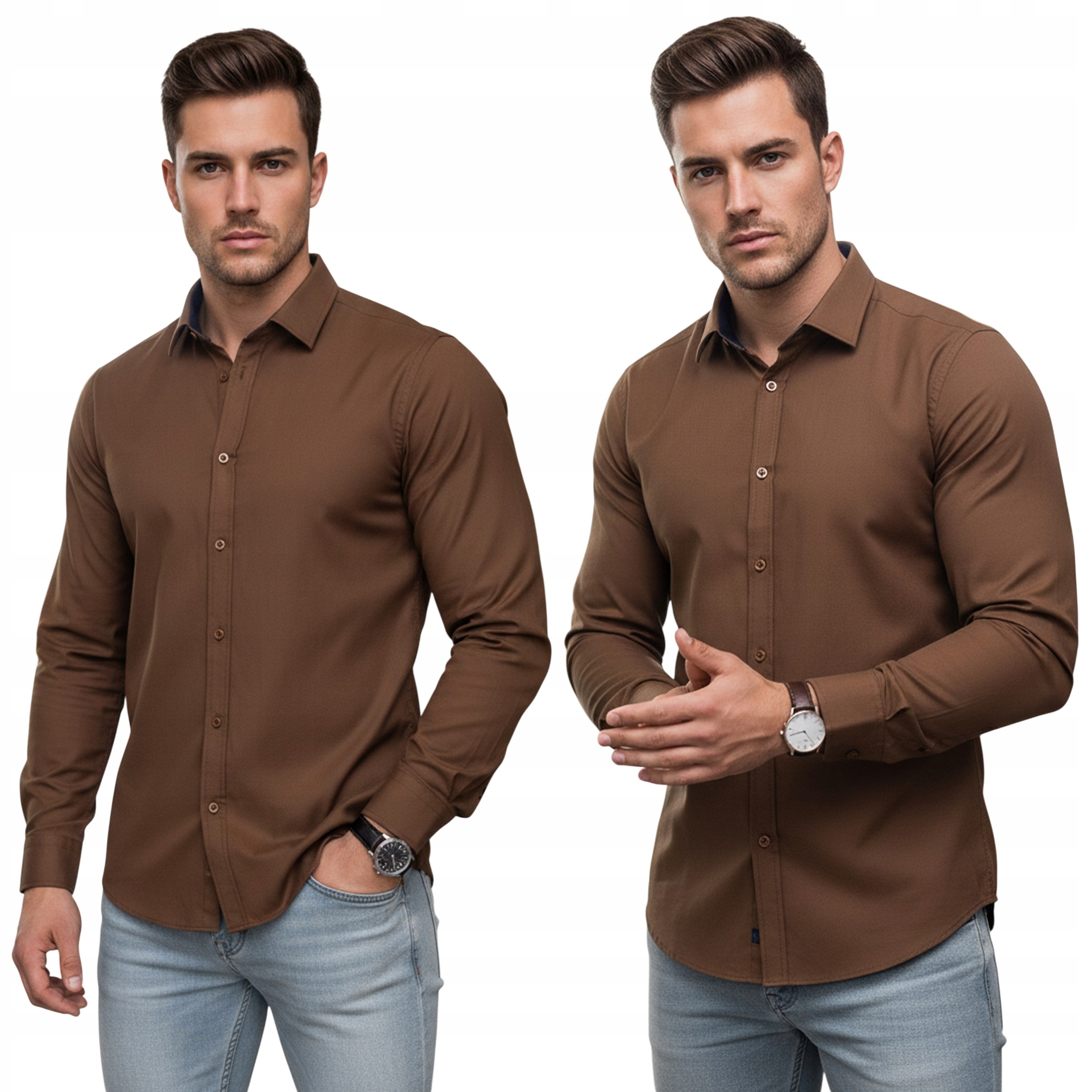 Koszula męska slim fit długi rękaw brązowa DX2593 3XL