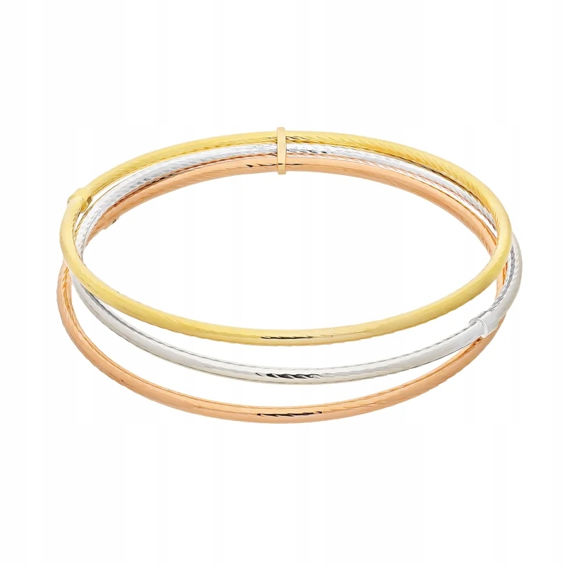 Dámský náramek ze zlata 585, efektní bangle, tři barvy zlata pro ni