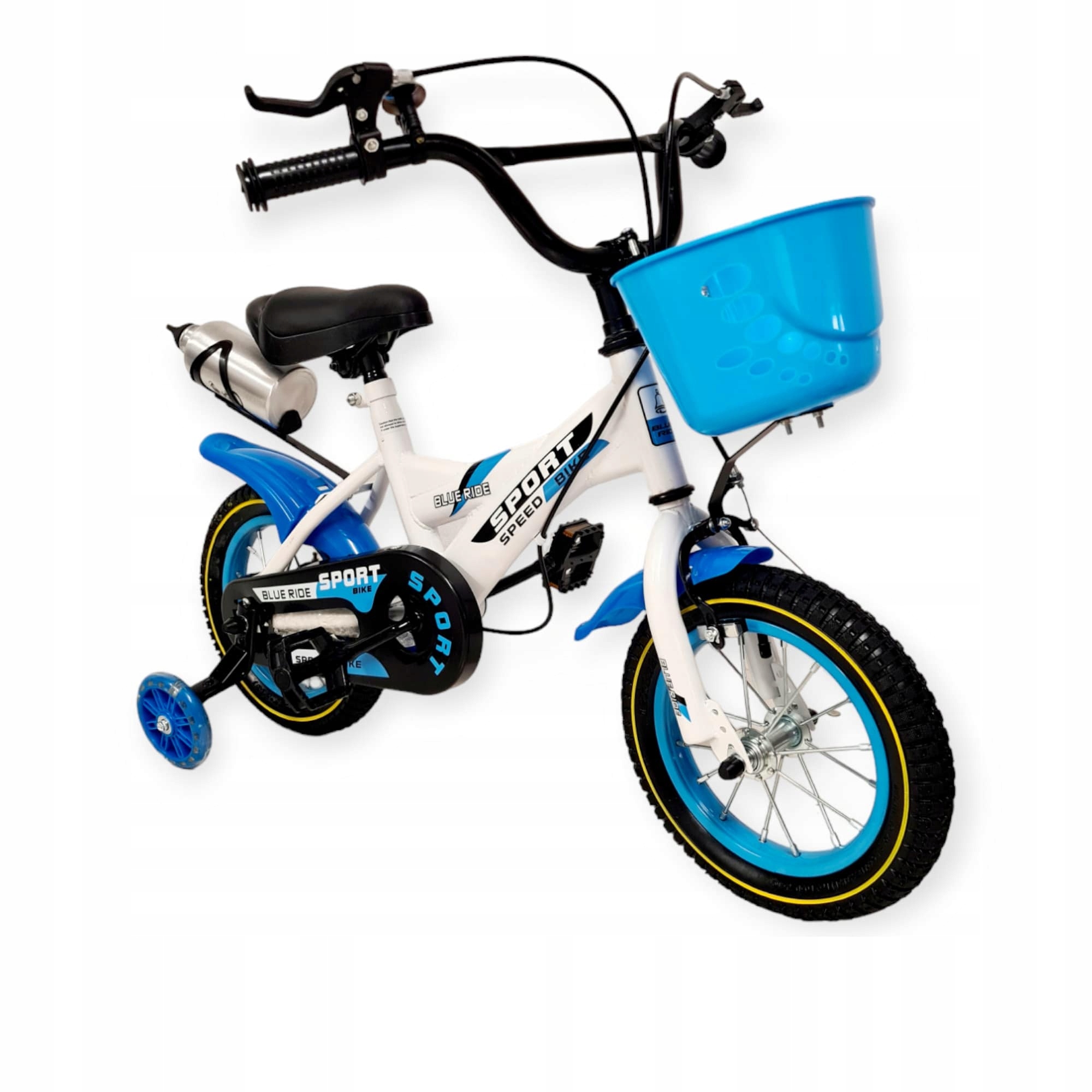 Rowerek rower dziecięcy 12 cali boczne koła Biały niebieski błotniki koszyk