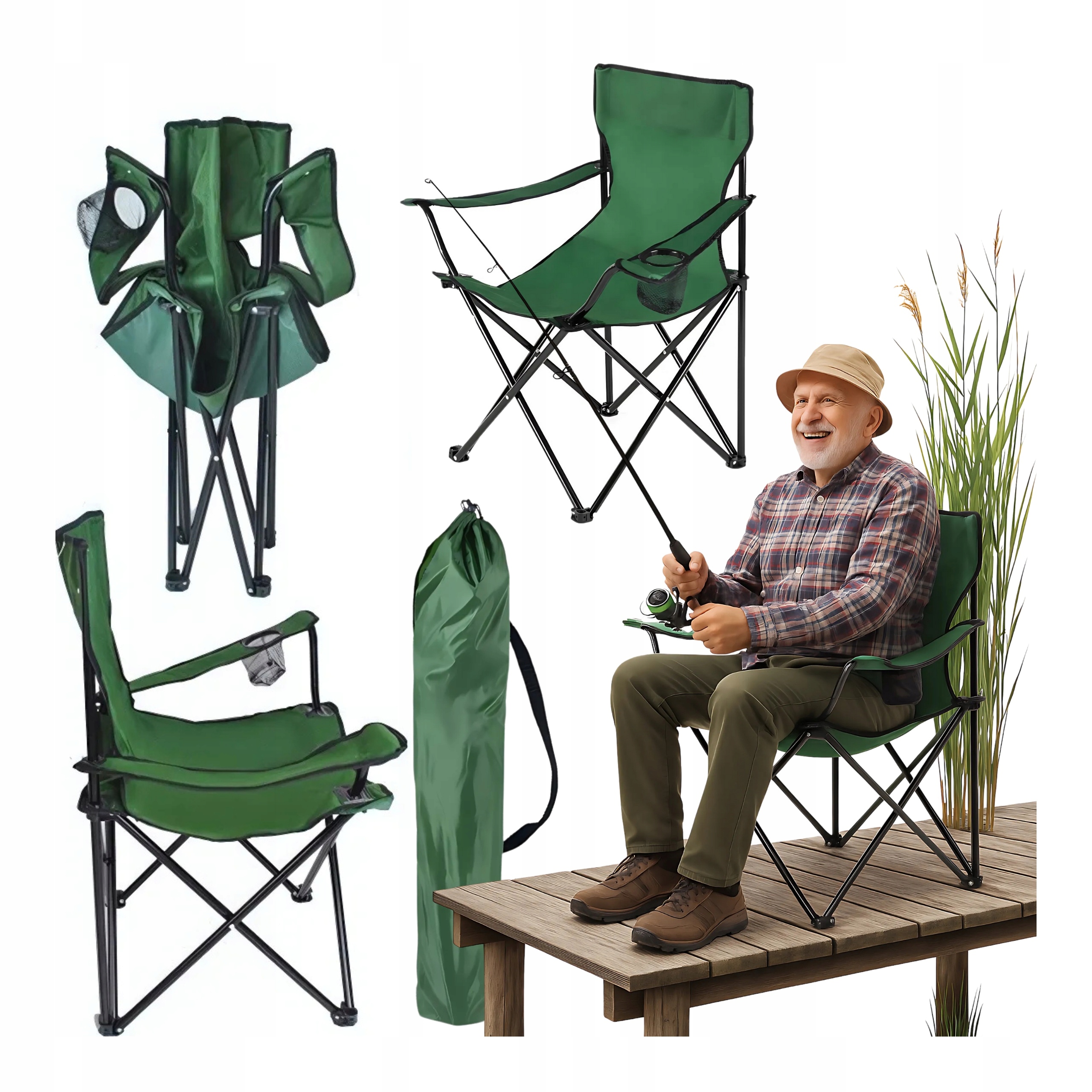 Krzesełko Wędkarskie Lekkie Składane Turystyczne Pokrowiec Uchwyt na Kubek