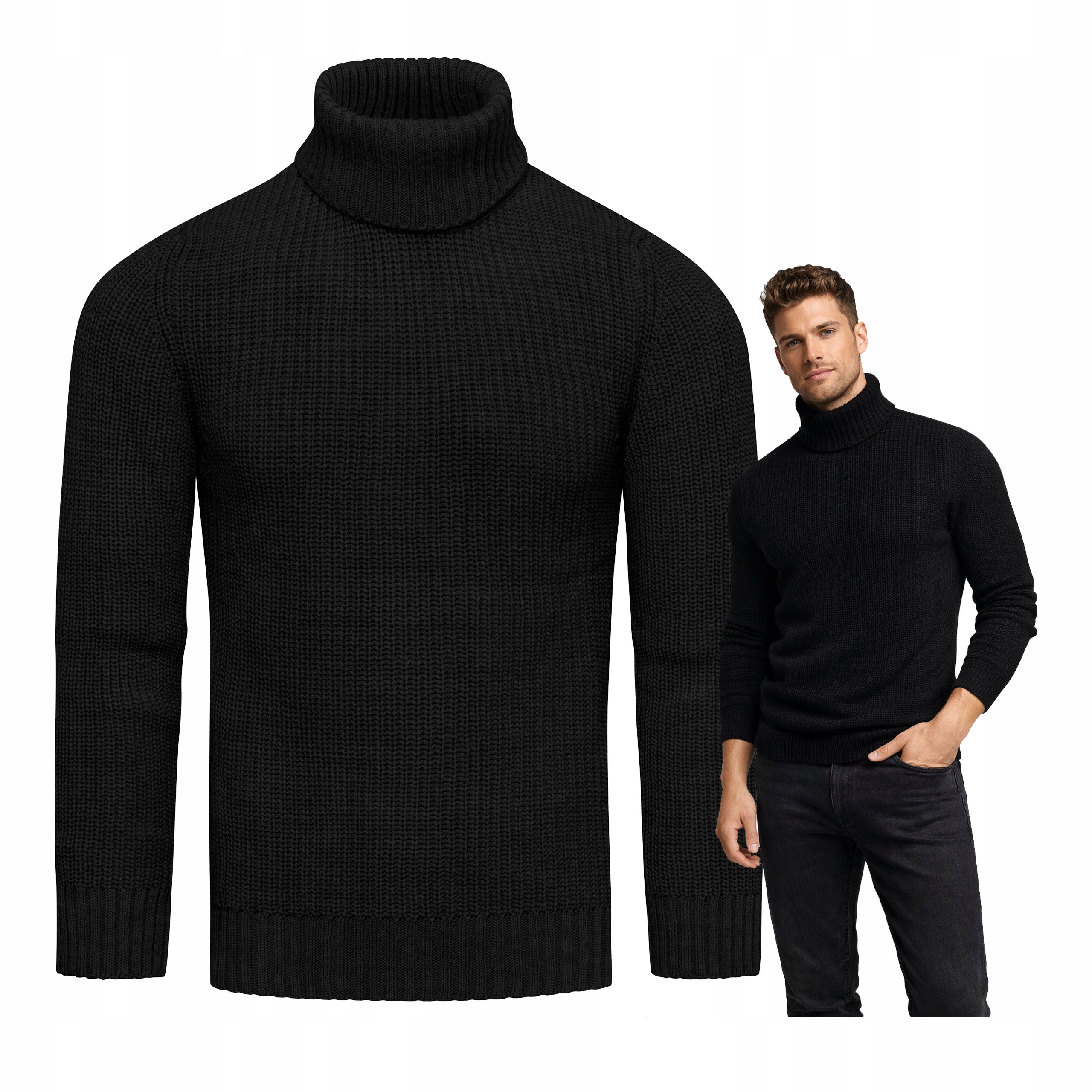 Pánský vlněný svetr rolák černý, teplý a pohodlný, velikost M
