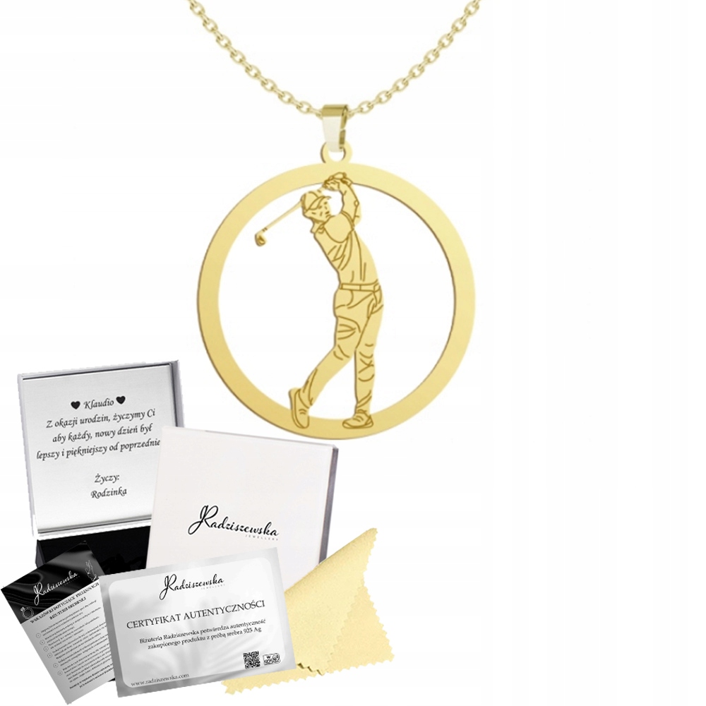 Zlatý náhrdelník s golfistou Golf 925 Dárek Řetízek Gravírování Bonus