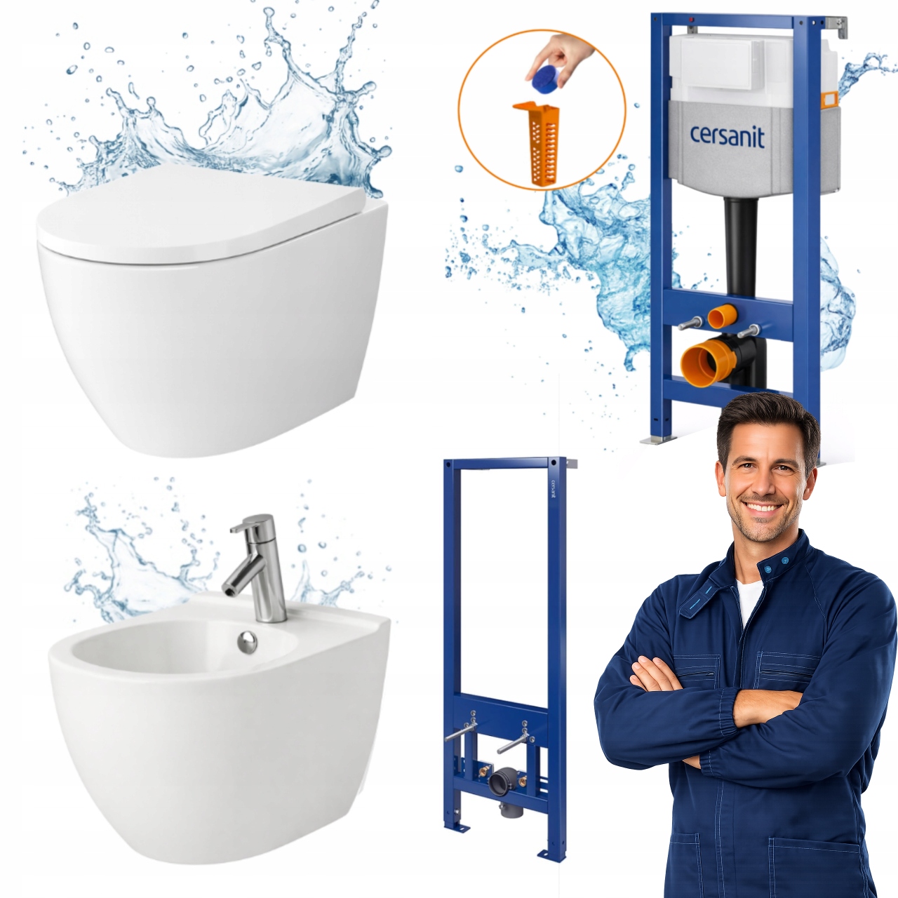 Sada Wc mísa bezrantová Zen Pro Oval Bidet závěsná Cersanit stojany