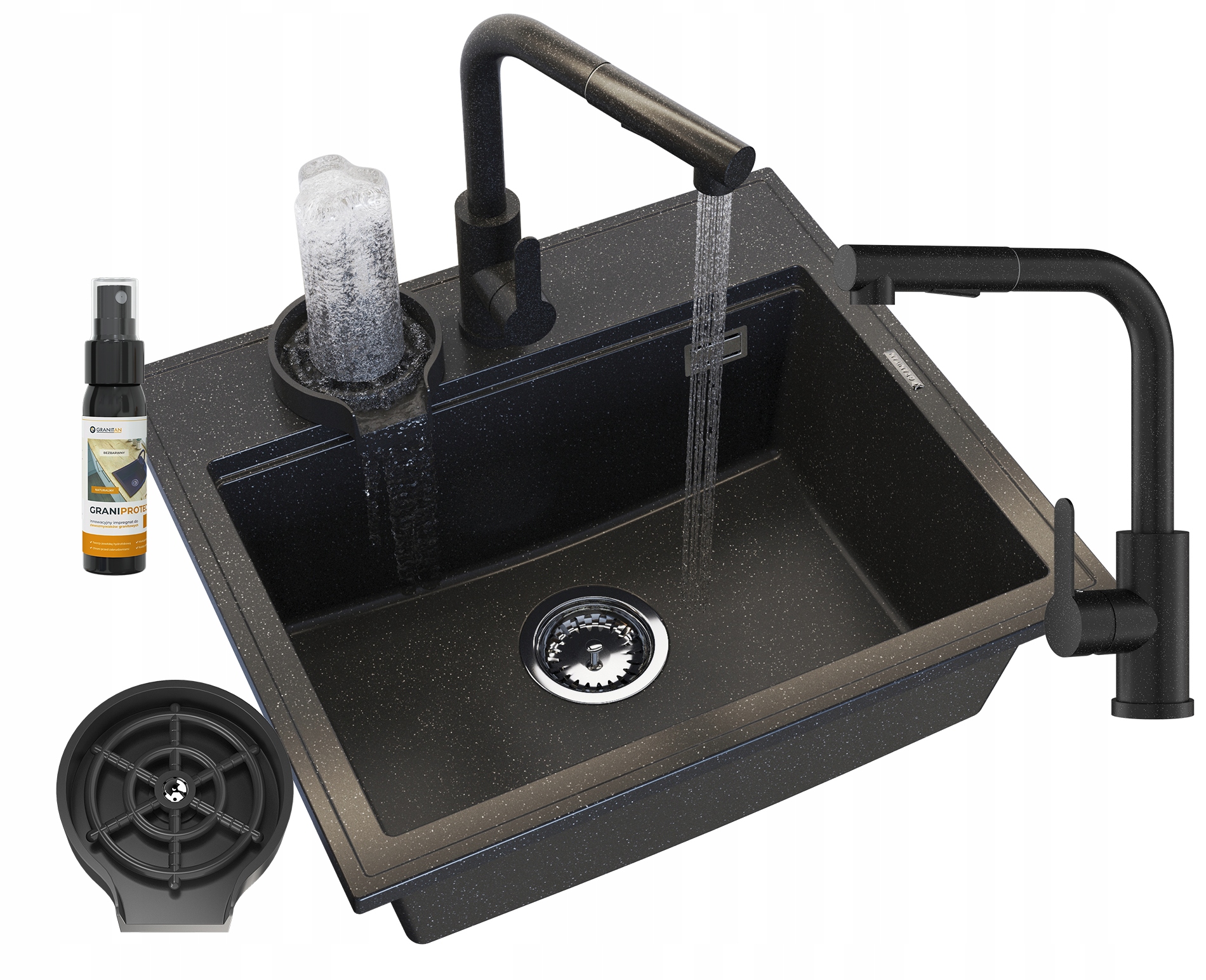 Granitový Drez, Čierna Kuchynská Batéria, Sifónová Umývačka, Foxalový Set