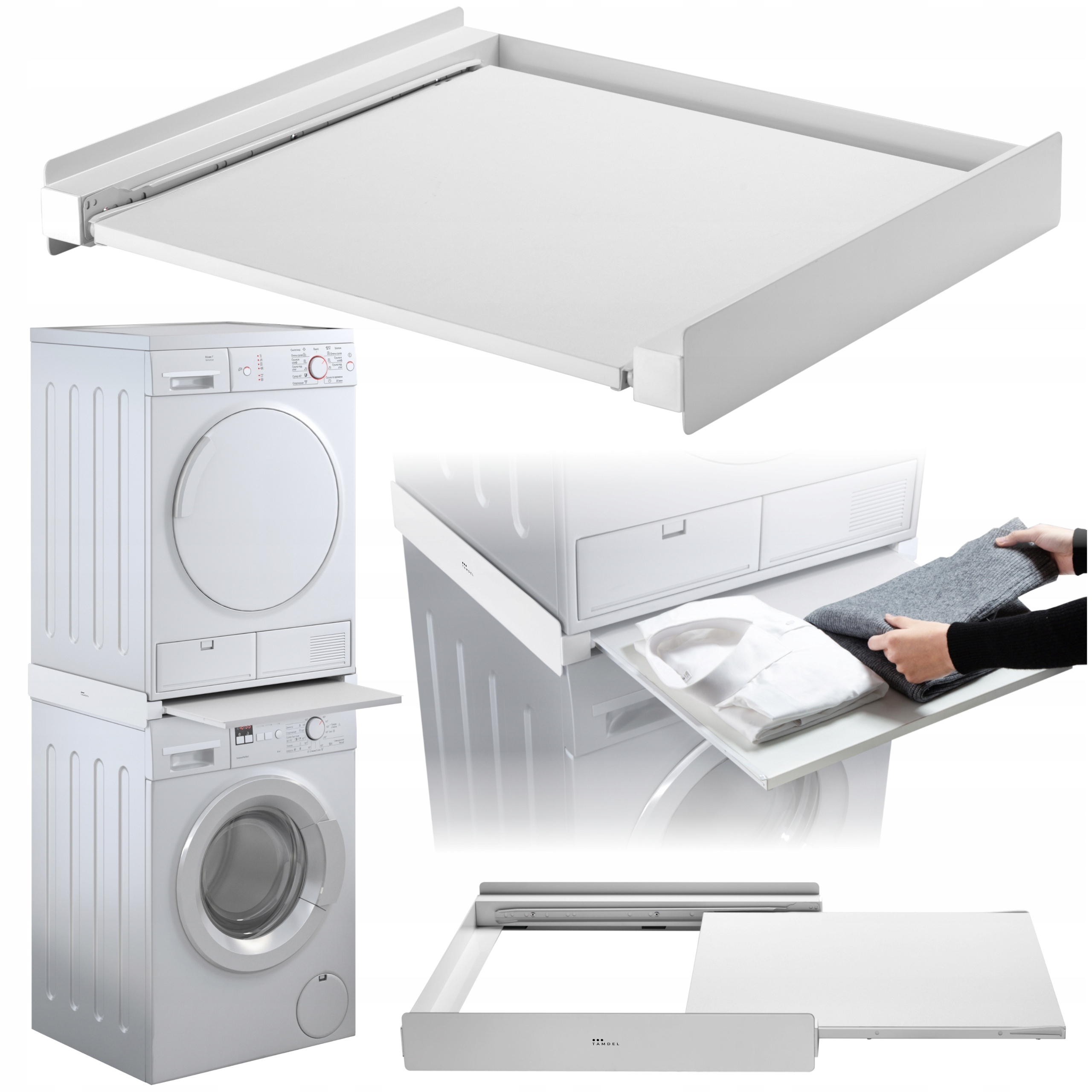 Uniwersalny łącznik pralki i suszarki 60 cm z wysuwaną półką stabilny