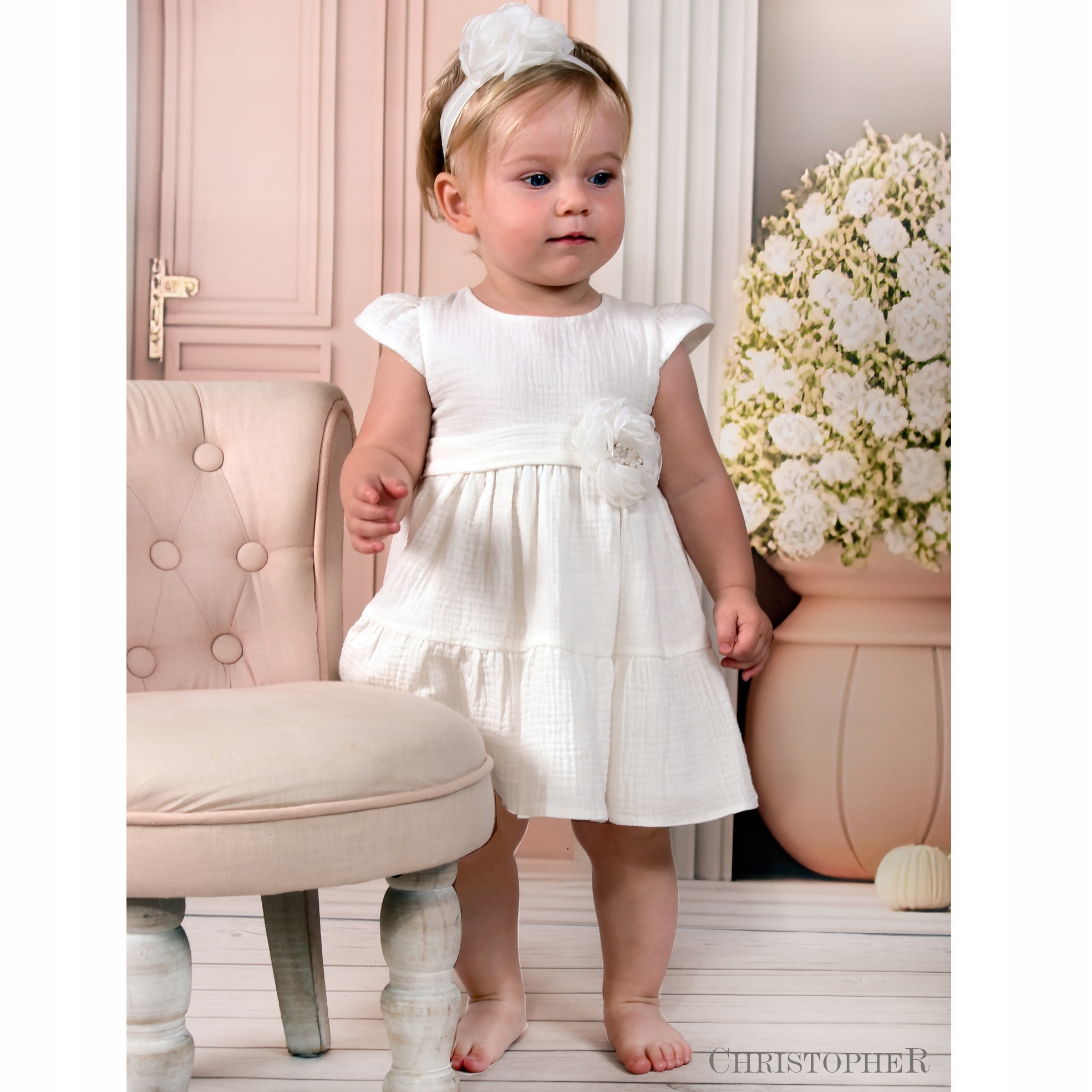 Sukienka z MUŚLINU 100% BAWEŁNA do Chrztu KREMOWA Christopher rozmiar 68 Marka Inna marka