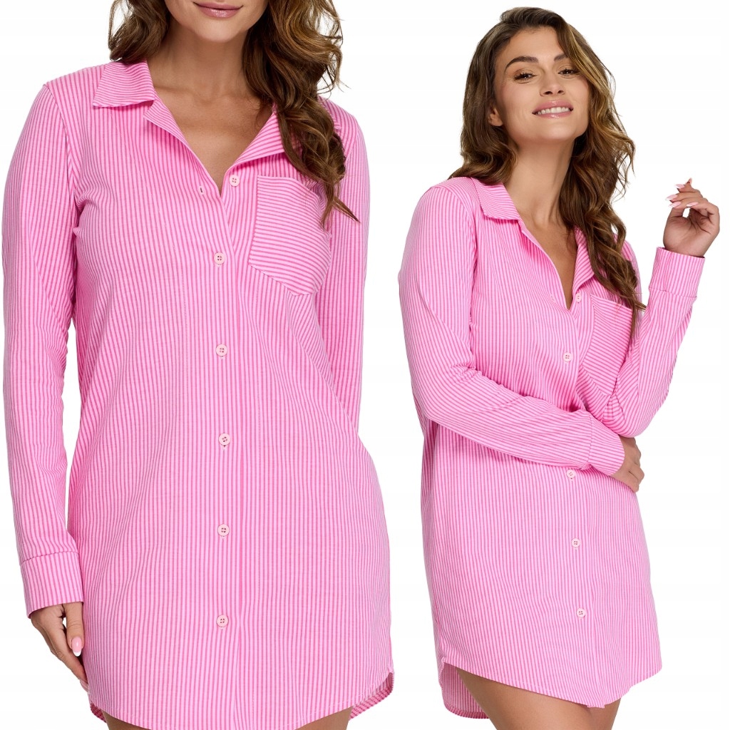 Koszula nocna rozpinana damska bawełniana różowa paski z długim rękawem 2XL