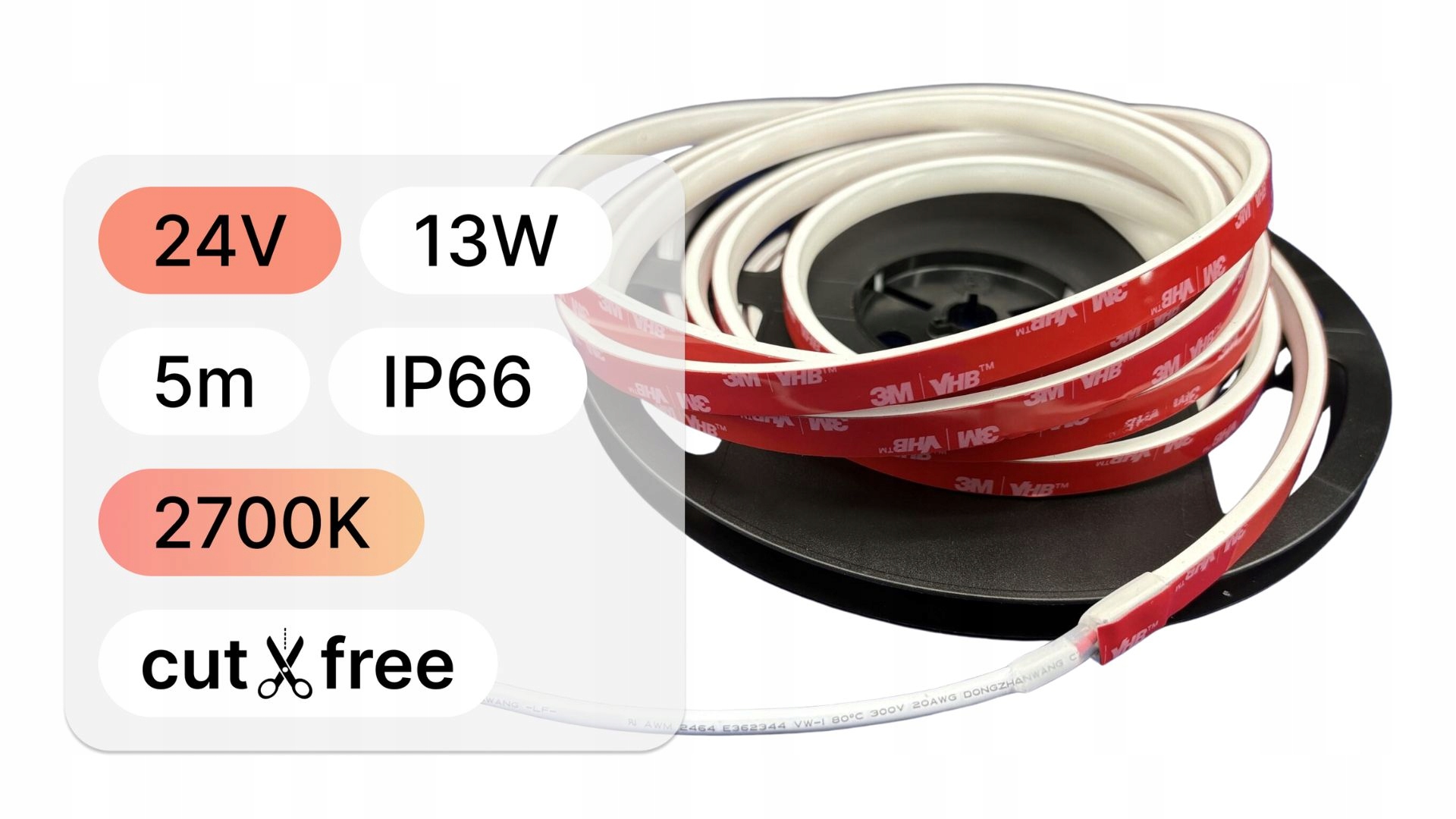 Vodotěsná Led páska Cob 13W 24V Cob teplá 2700K free cut freecut 5mb
