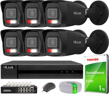 Zestaw 6 Kamer Do Monitoringu 6MPX Ip Zewnętrzne Black Hilook Hik Dysk 2TB