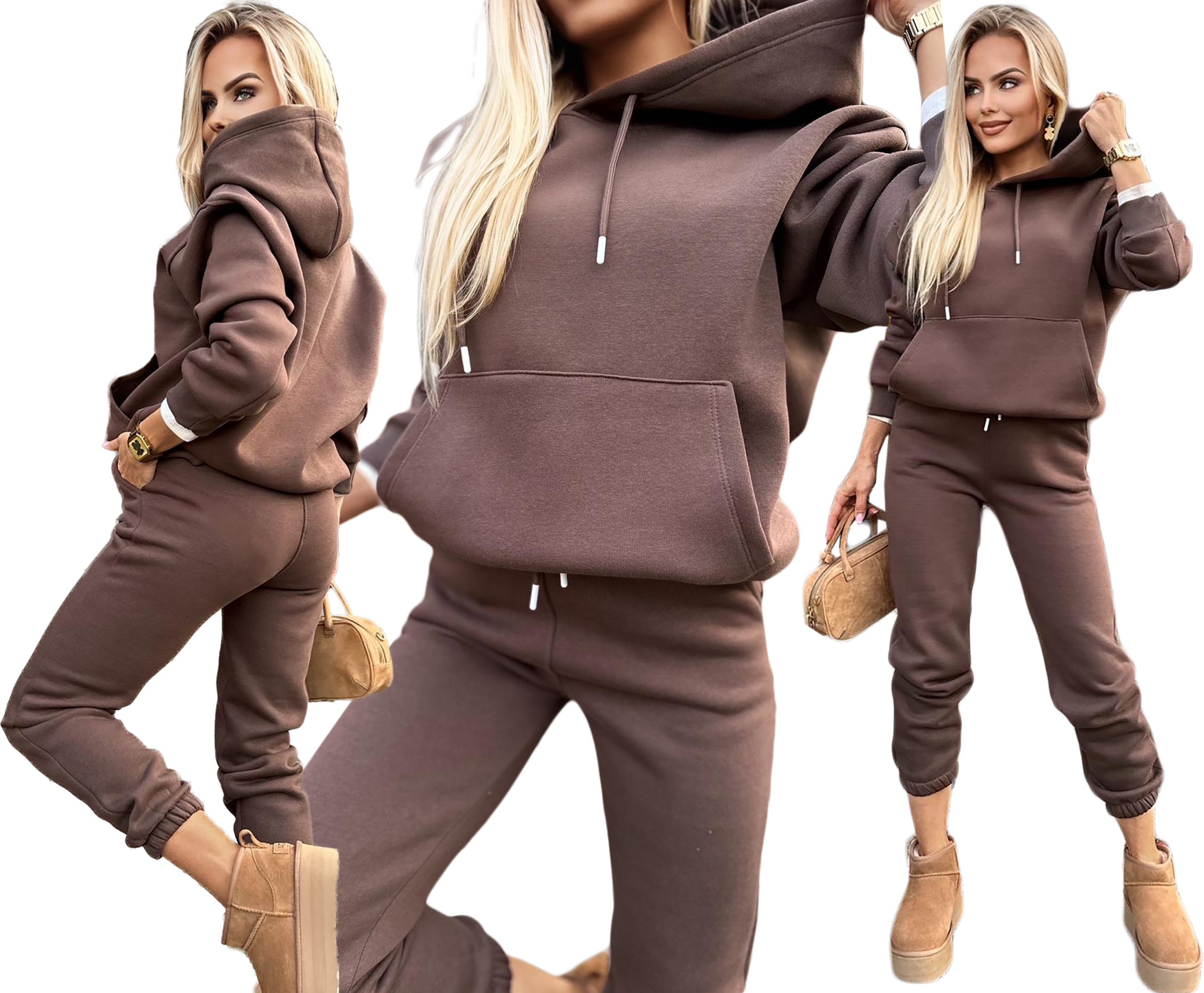 Čokoládová dámská tepláková souprava Teplákovka kalhoty mikina s klokaní kapsou L Savana