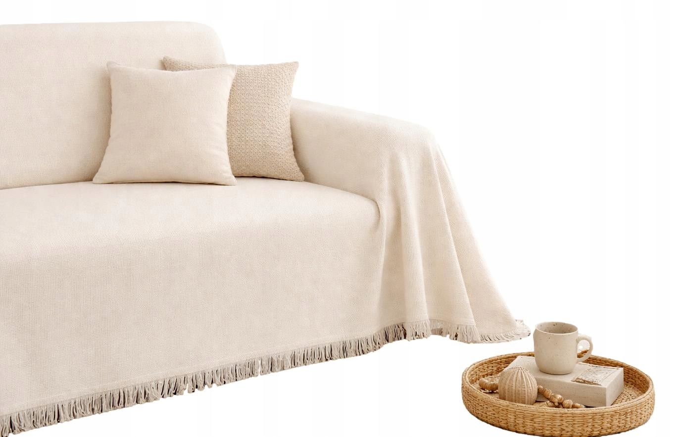 Krémový bavlněný přehoz 180x260 španělská mřížka s třásněmi