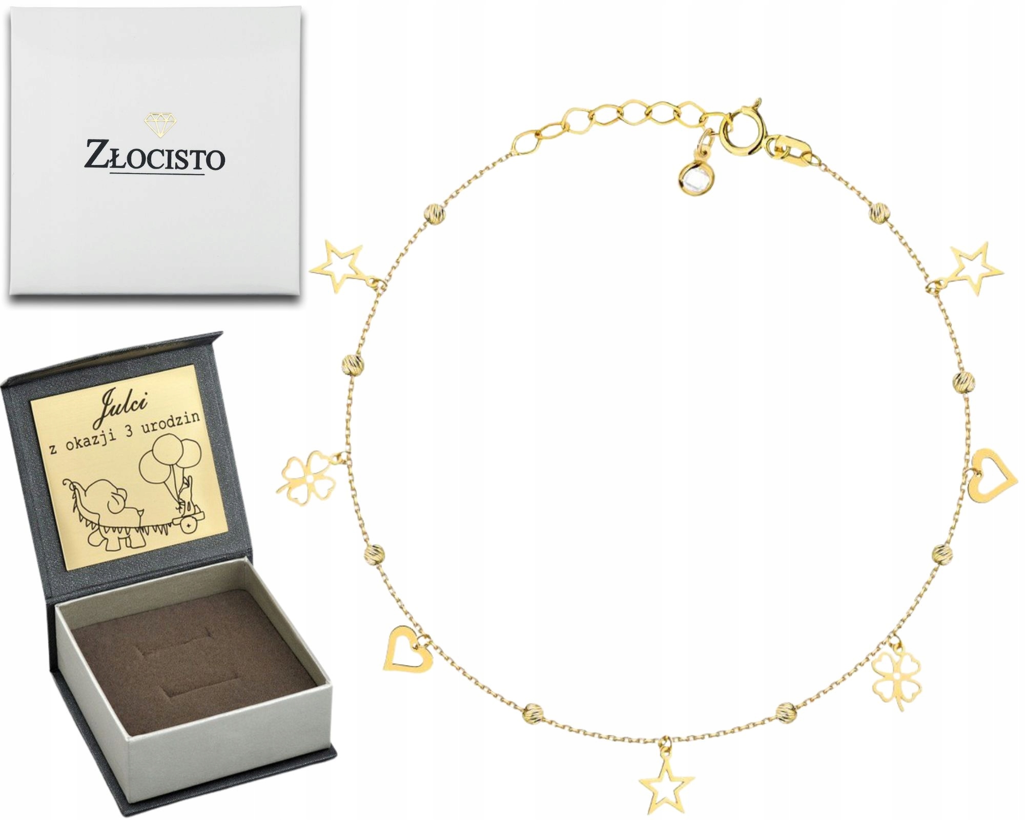 Náramek Na Nohu Zlato 585 S Kuličkami, Přívěsky Hvězdičky, Srdíčka A Čtyřlístky