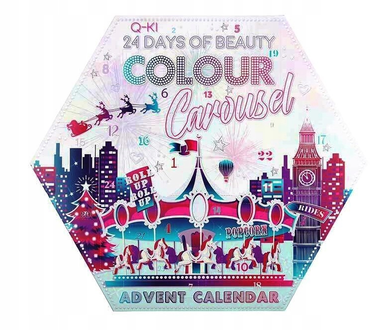 Адвент-календарь Q-ki Colour Carousel, 24 окошка: палетки теней, румяна, тушь, лаки для ногтей