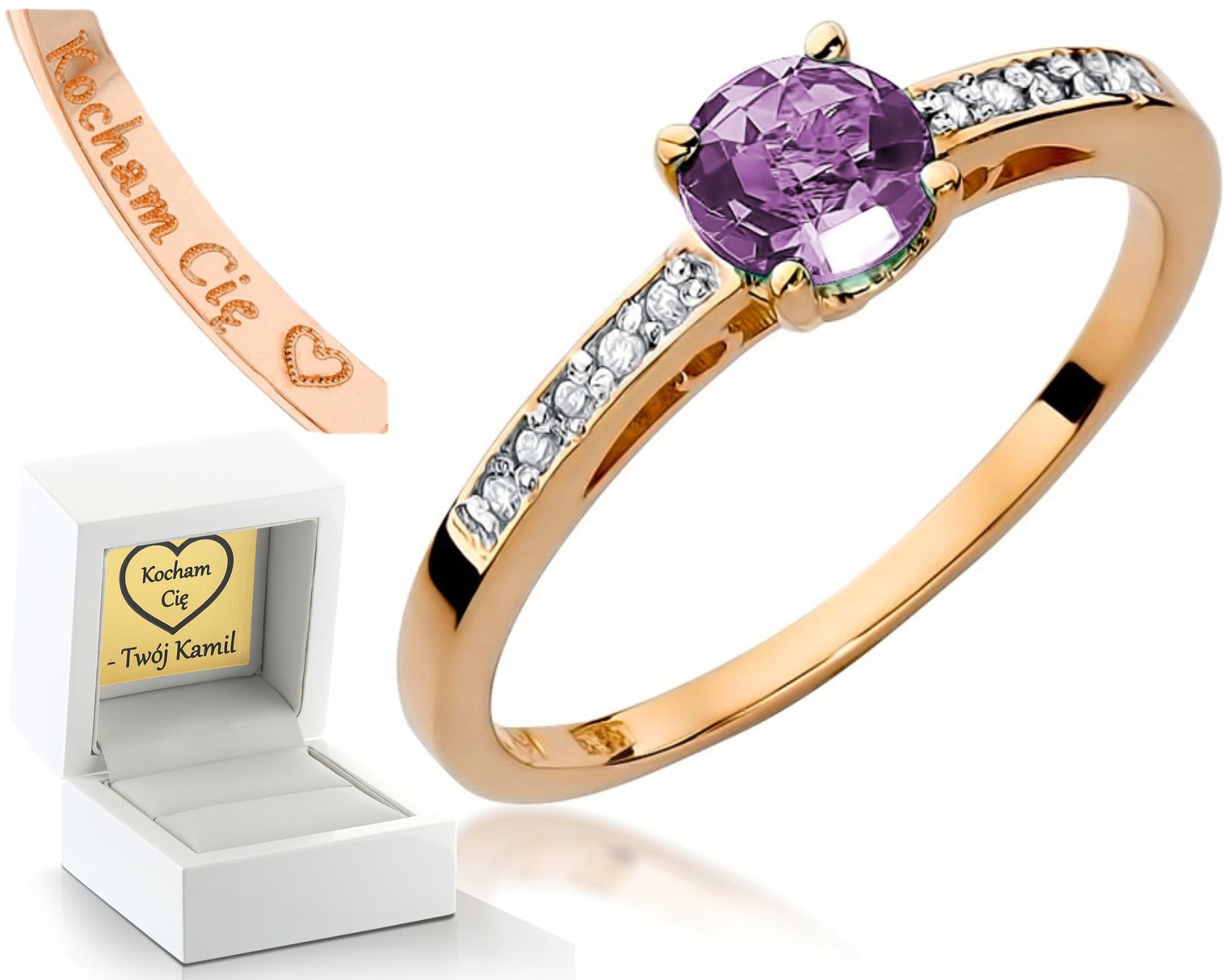 Prstýnek Ametyst Brilianty Růžové Zlato Gravírování