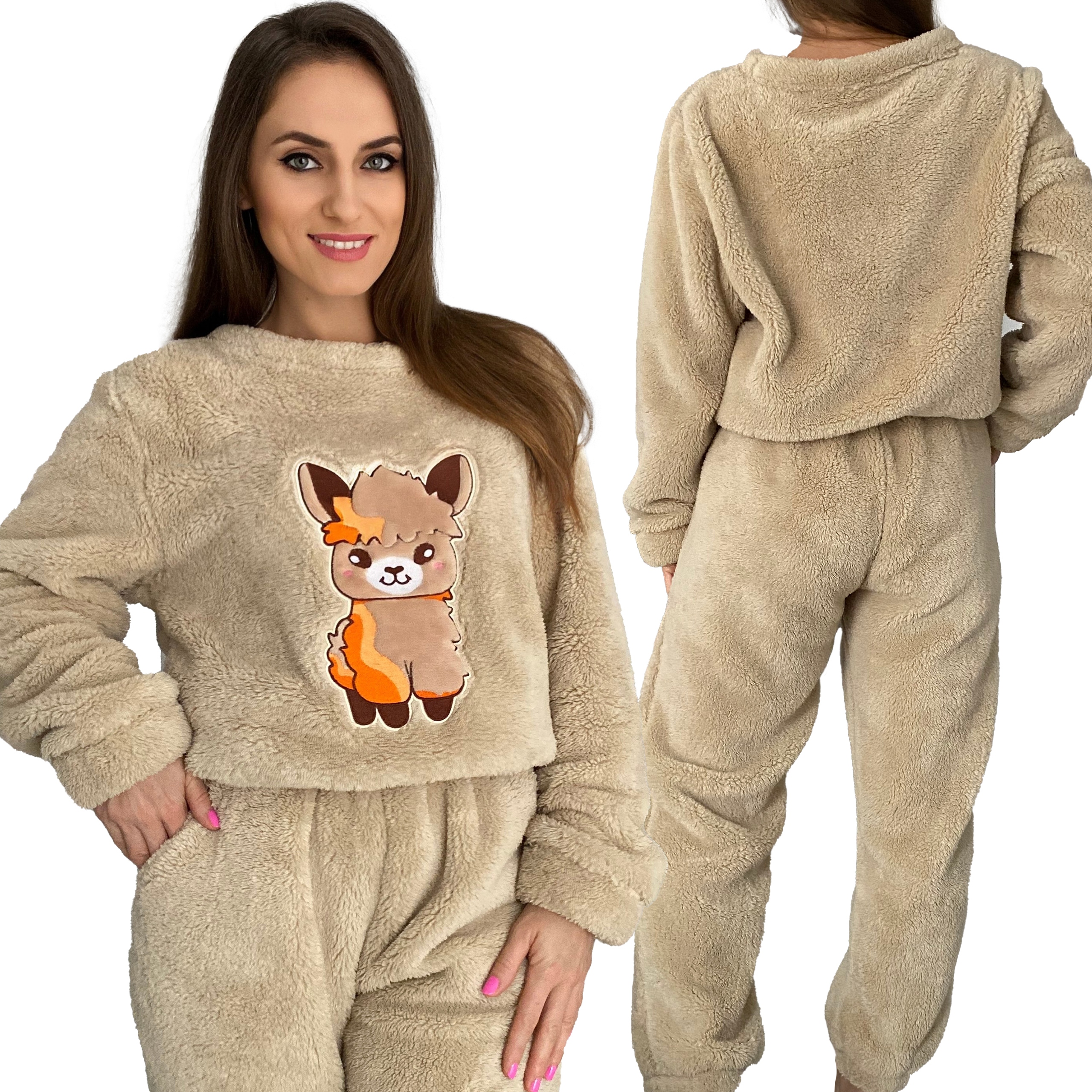 Dámské pyžamo Teplé Dlouhé Velmi Tlusté s Půvabným Vyšíváním Komplet XXL Béžové