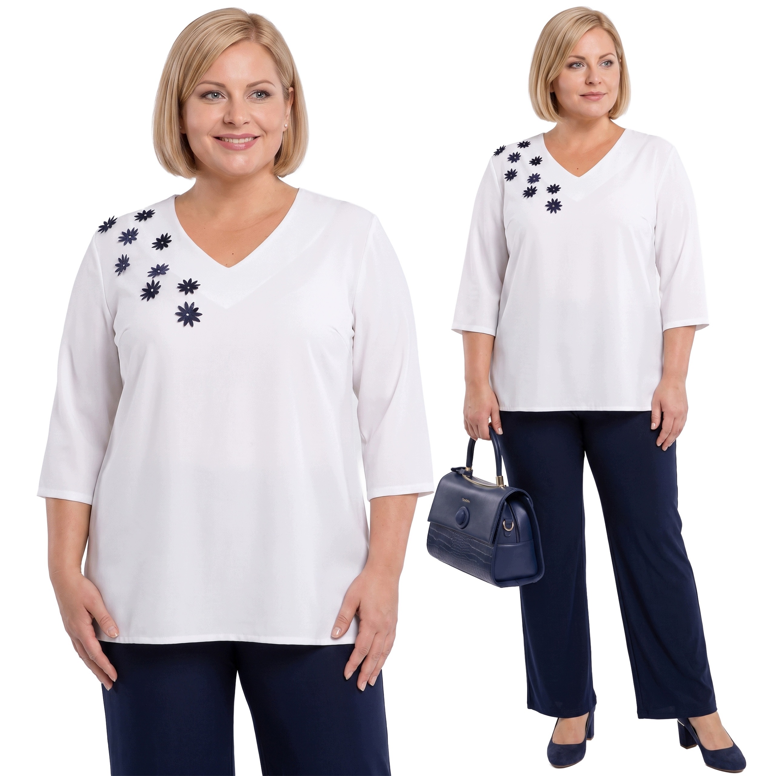 Bílá halenka s modrými květy plus size velikost 48/50