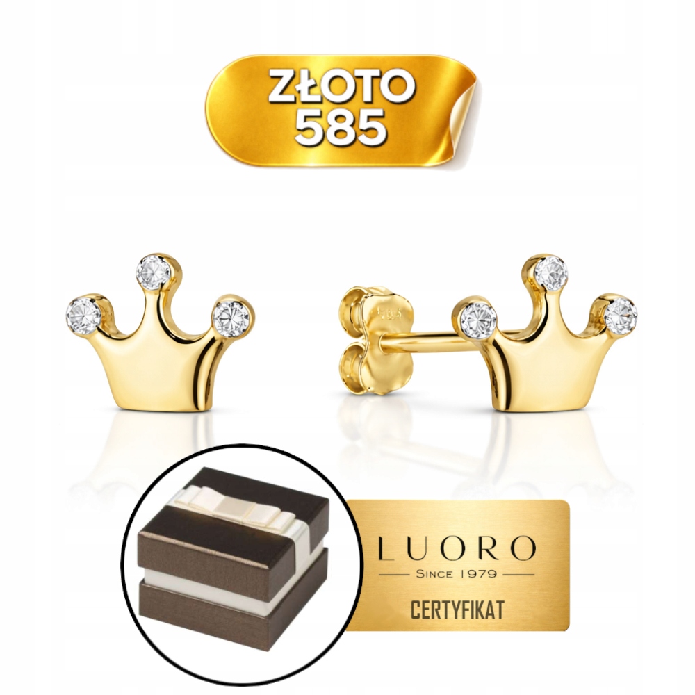 Náušnice Zlaté 585 14K Koruna Diamantové Dvě Barvy Tyčinka 0,6 CM