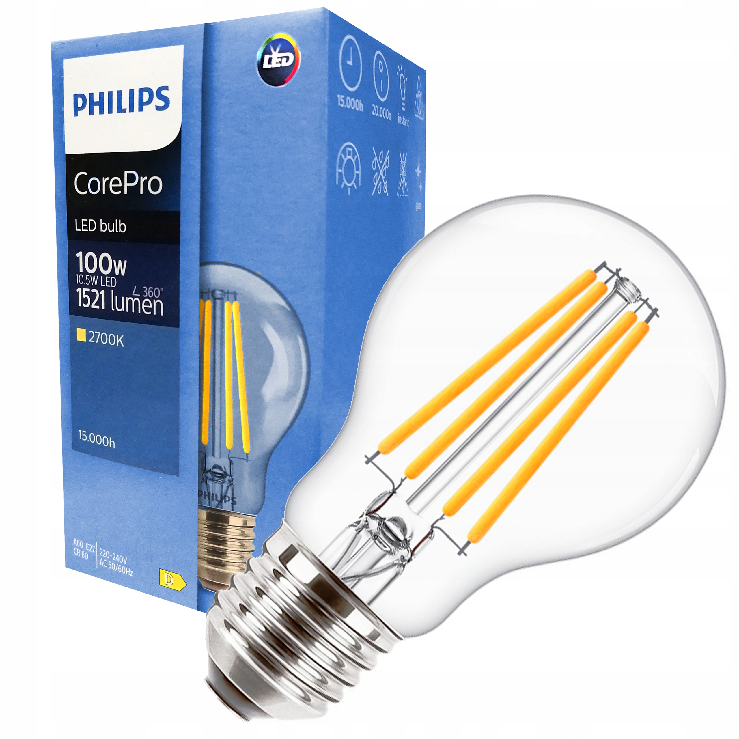 

Żarówka Led E27 Filament Ozdobna 10,5 W Philips