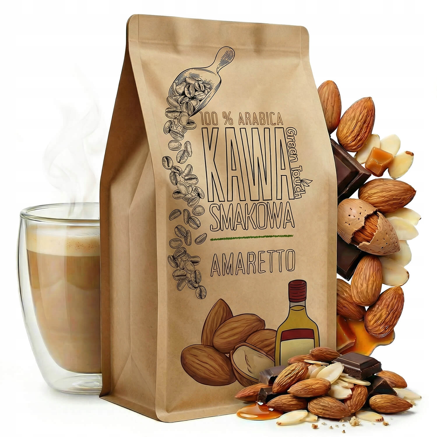 Káva Zrnková příchuť Amaretto mandlový likér arabica 1 kg Green Touch