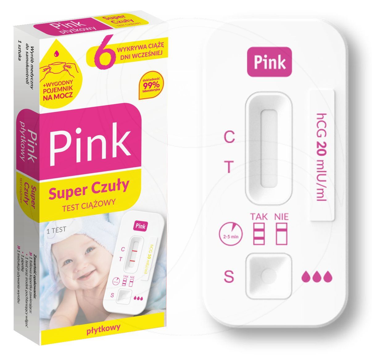 

Pink Super Czuły Płytkowy Test Ciążowy 99,9%